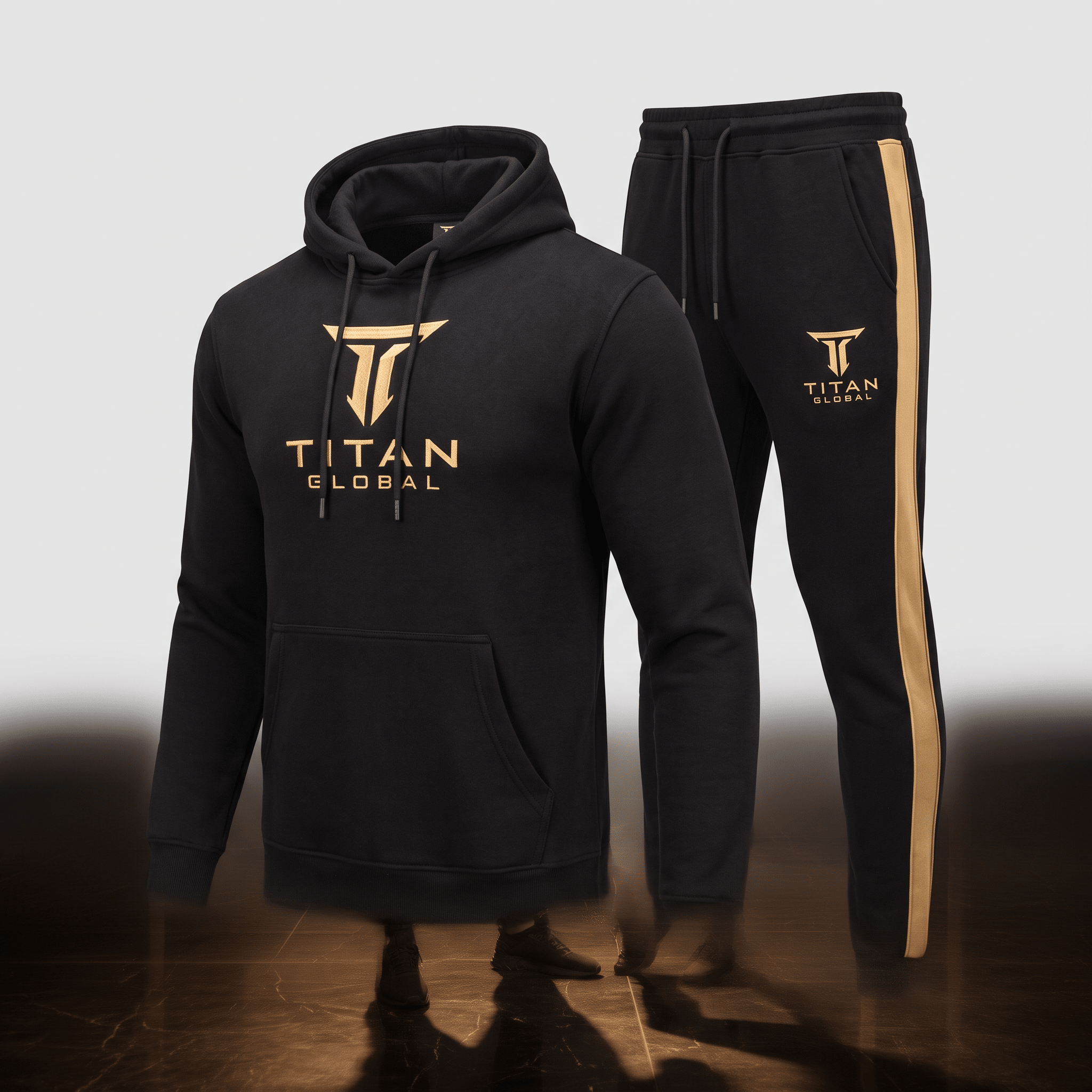 Black Titan Global tracksuit with gold logo and side stripe, featuring a hoodie and matching joggers.