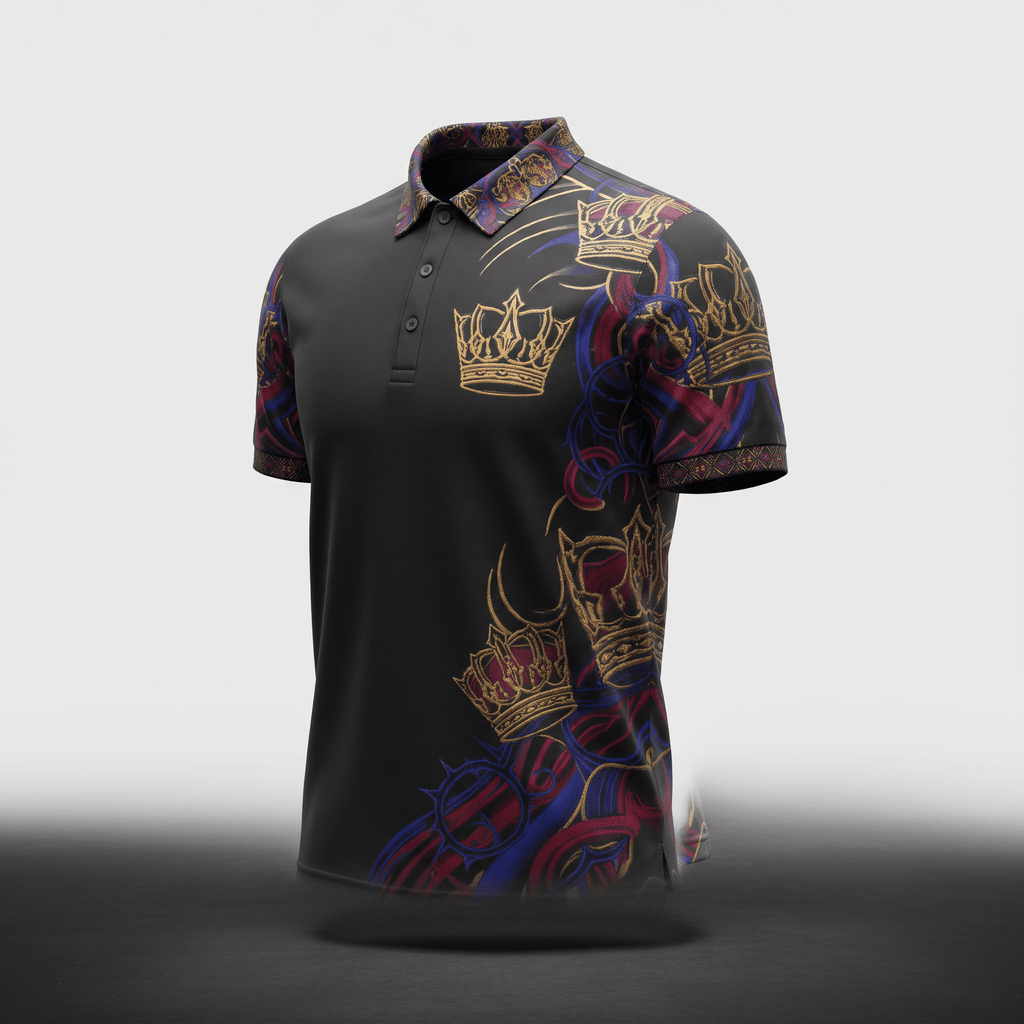 Black polo shirt with gold and purple crown graphic print, short sleeves, and collar.