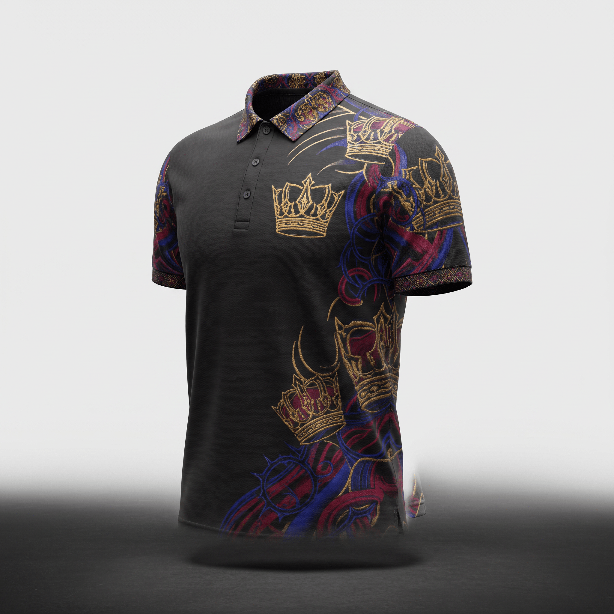 Black polo shirt with gold and purple crown graphic print, short sleeves, and collar.