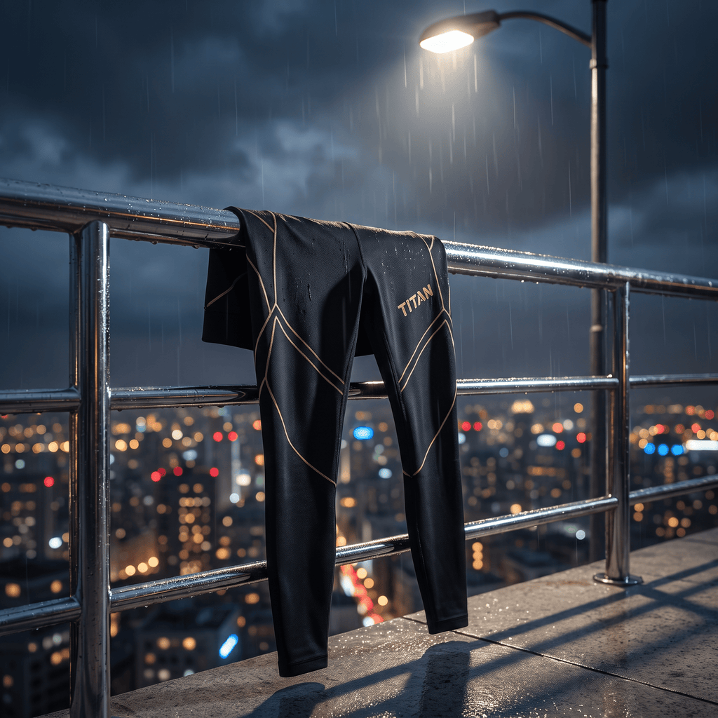 Black athletic leggings with gold geometric lines and "TITAN" logo, draped on a wet railing at night.