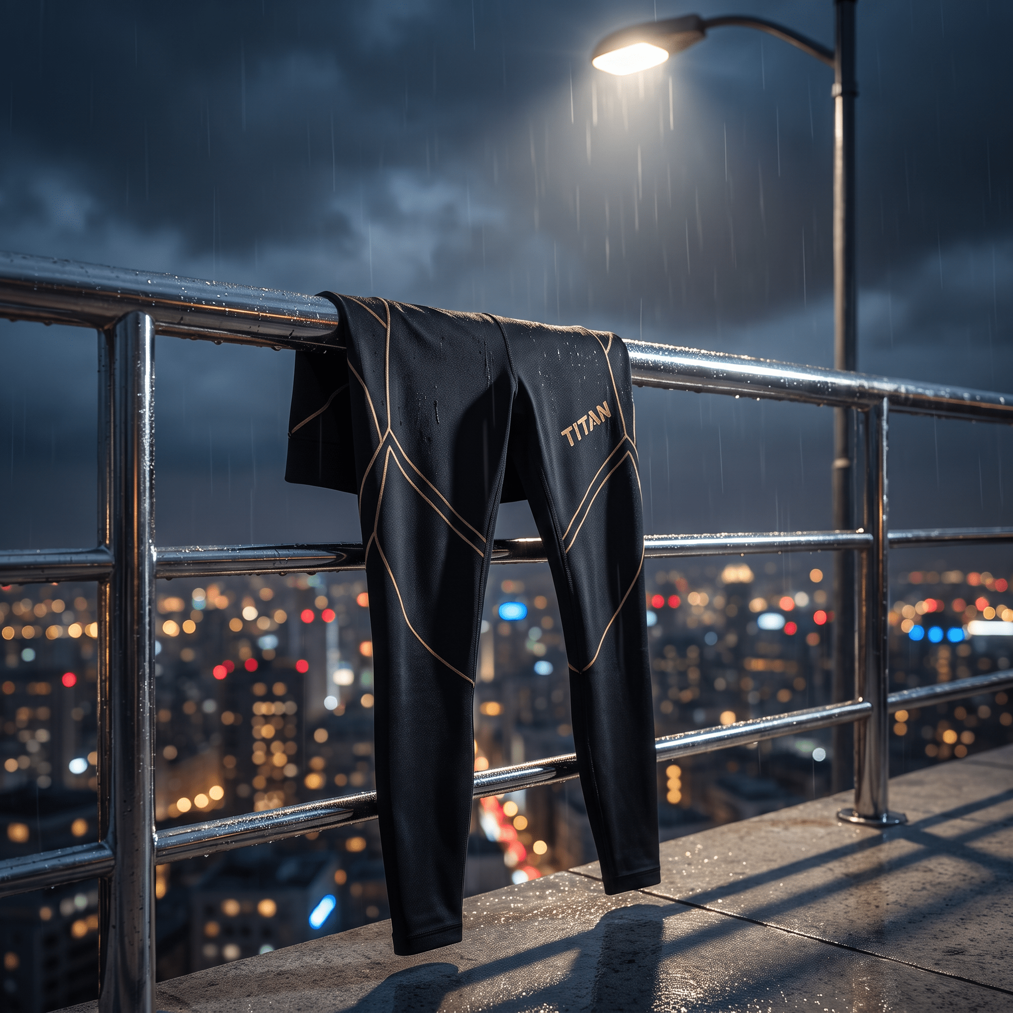 Black athletic leggings with gold geometric lines and "TITAN" logo, draped on a wet railing at night.