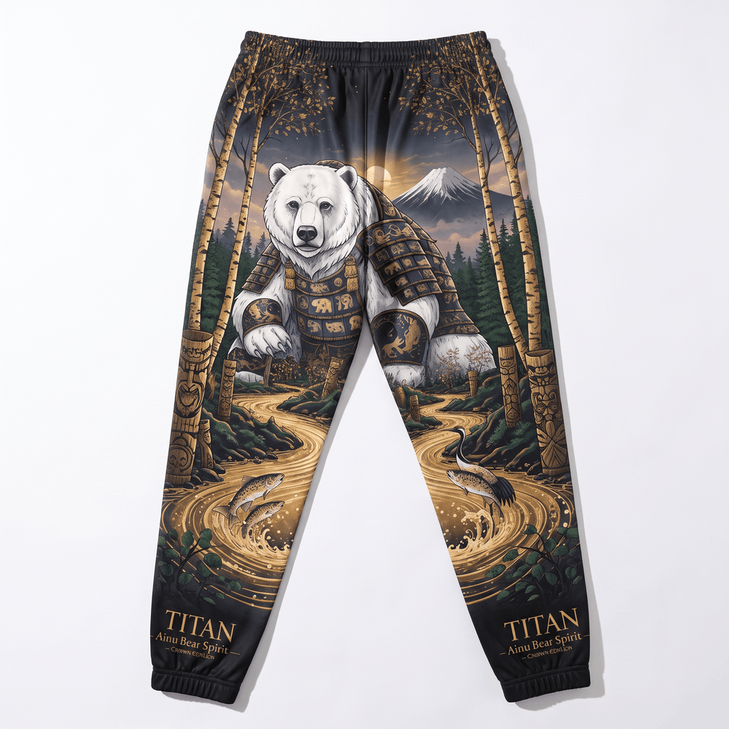 Black sweatpants featuring an all-over print of a white bear in samurai armor in a forest landscape.