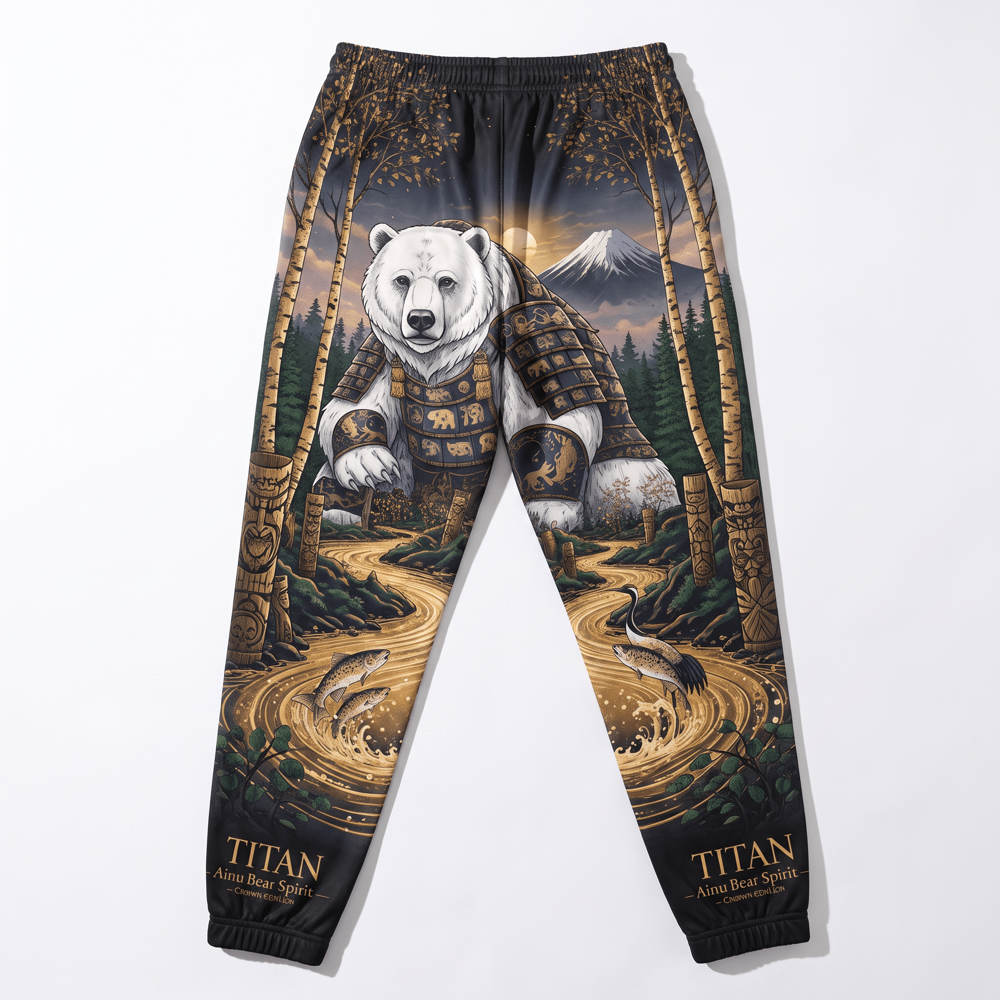 Black sweatpants featuring an all-over print of a white bear in samurai armor in a forest landscape.