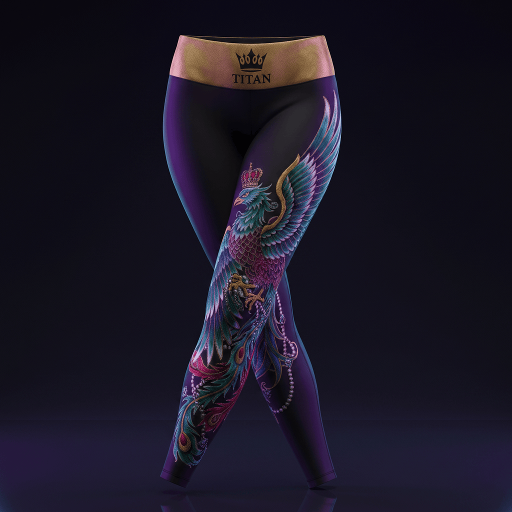 Black leggings with a golden TITAN waistband and a colorful, ornate phoenix bird design.