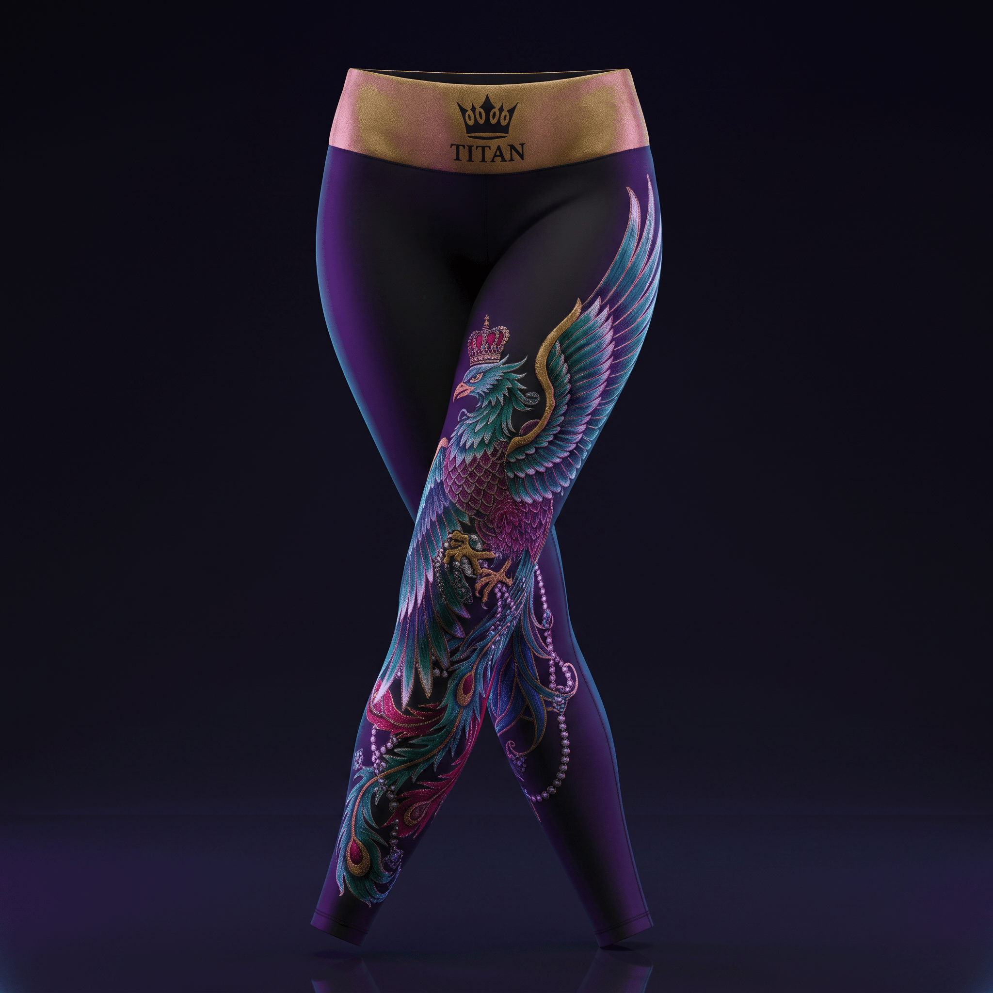 Black leggings with a golden TITAN waistband and a colorful, ornate phoenix bird design.