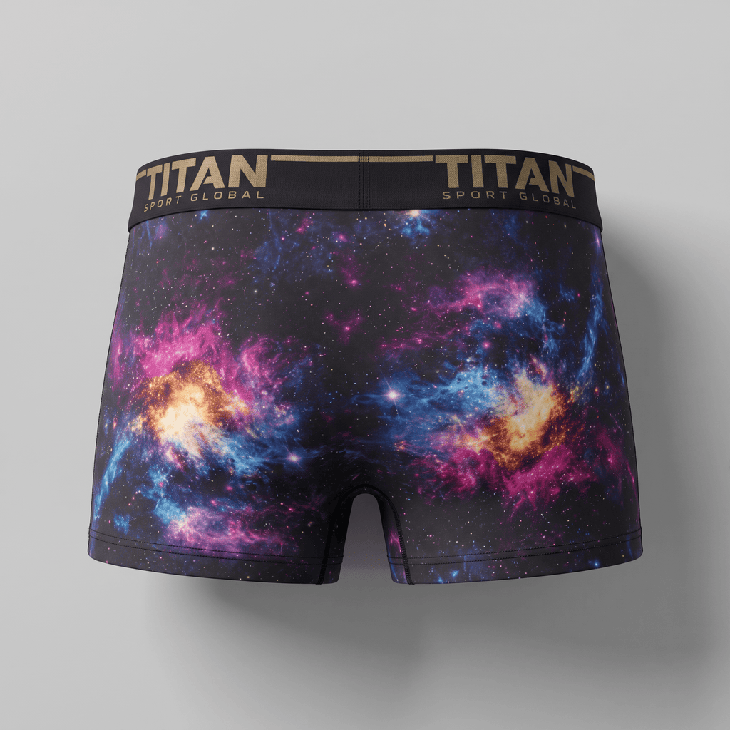 Titan Sport Global boxer brief with a colorful galaxy print and black branded waistband.
