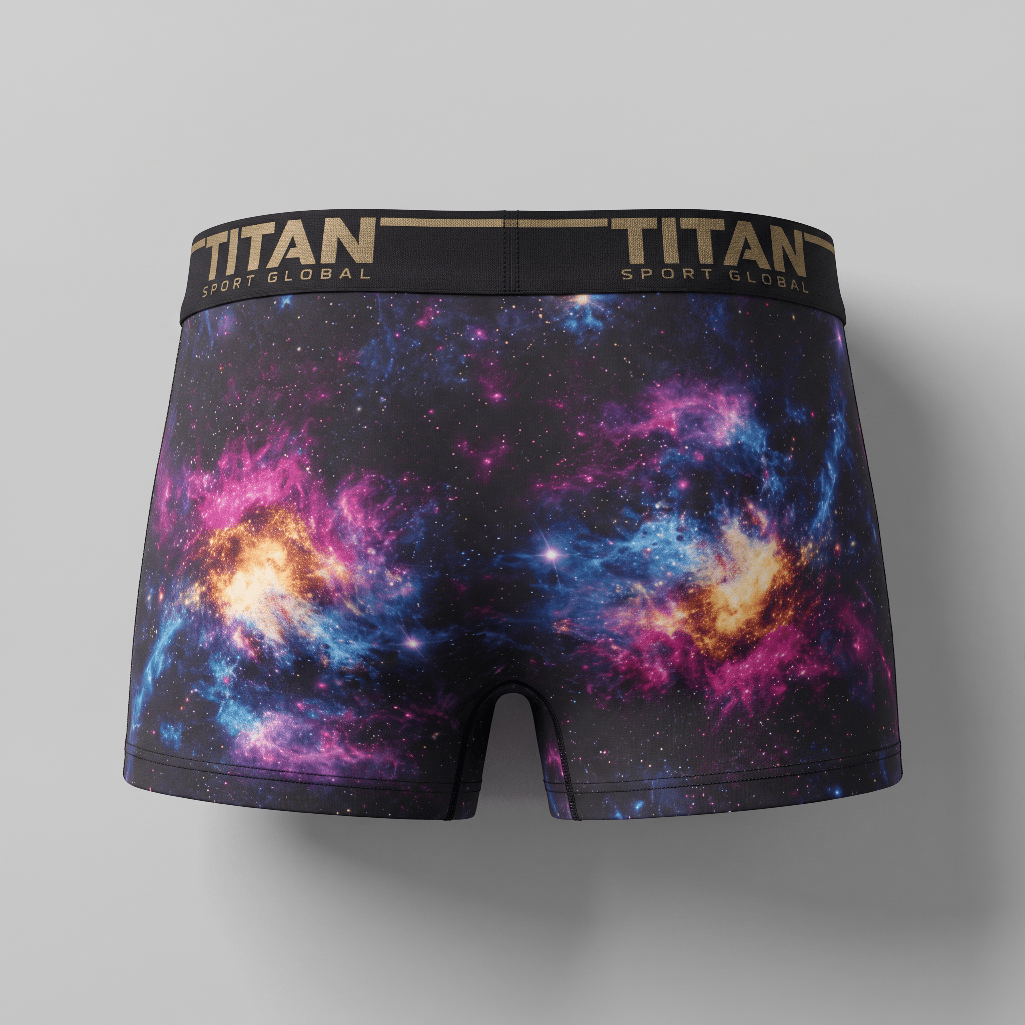 Titan Sport Global boxer briefs in a vibrant galaxy print with pink and blue nebula design.