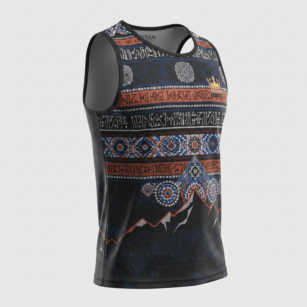Black athletic tank top featuring a patterned tribal design in orange, blue, and white.