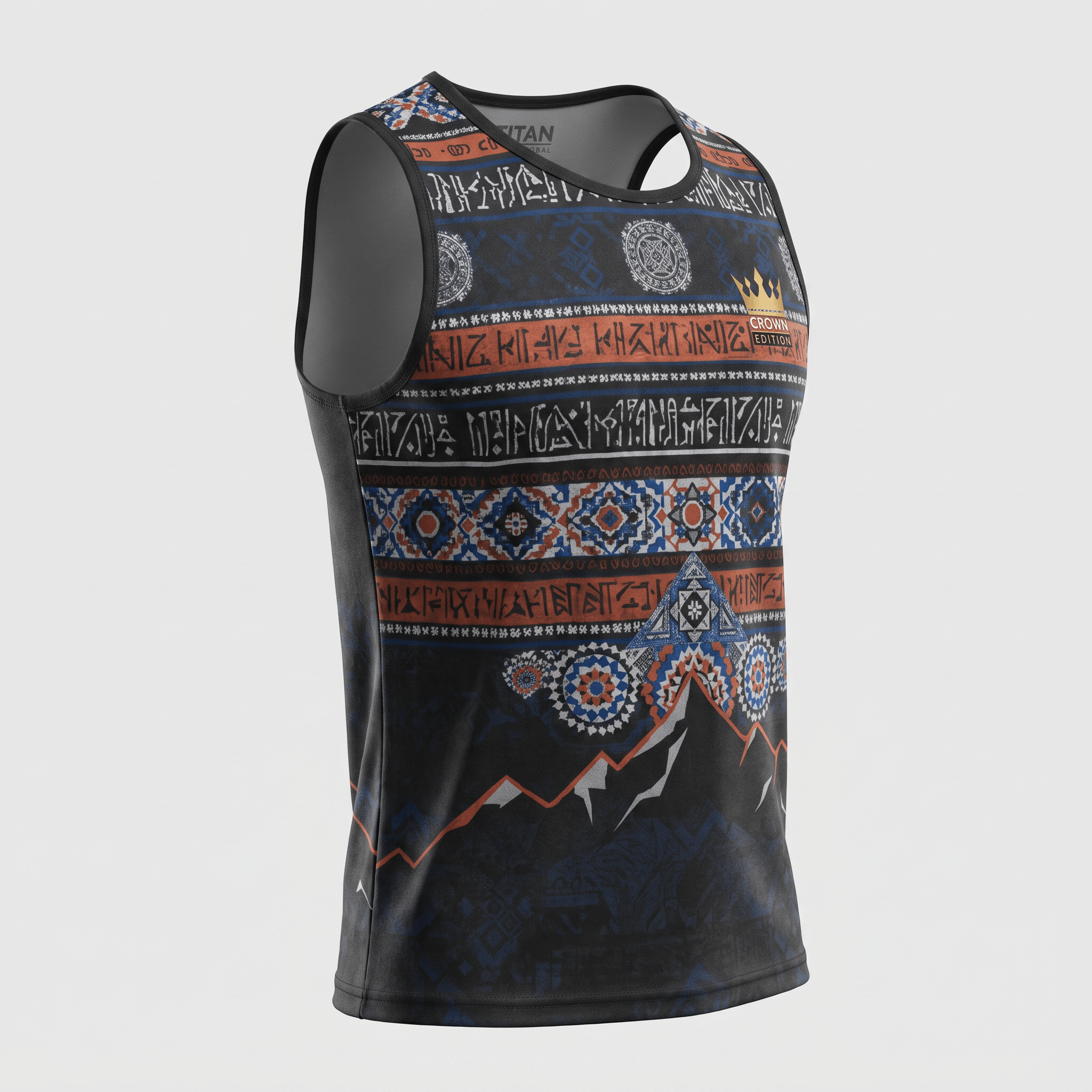 Black athletic tank top featuring a patterned tribal design in orange, blue, and white.