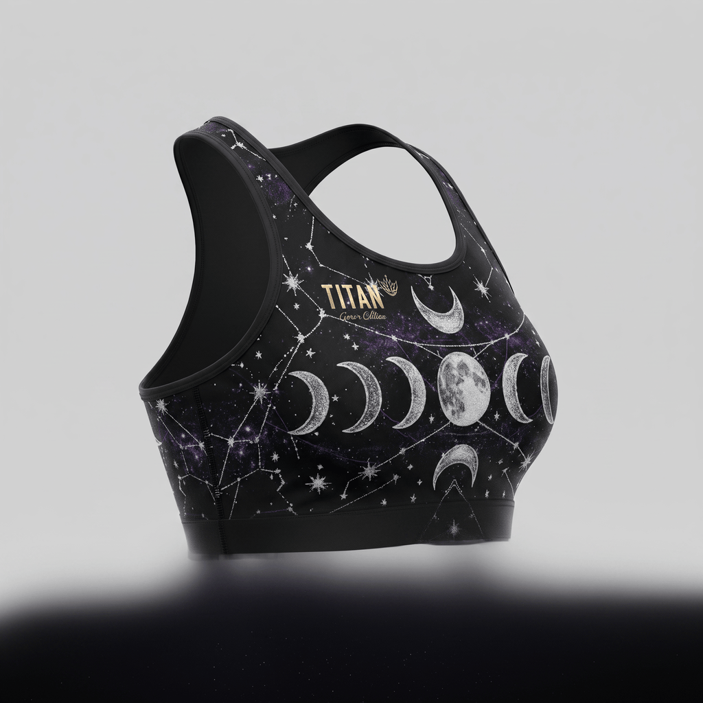 Black sports bra with purple galaxy moon phases and star constellations print, featuring a gold Titan logo.