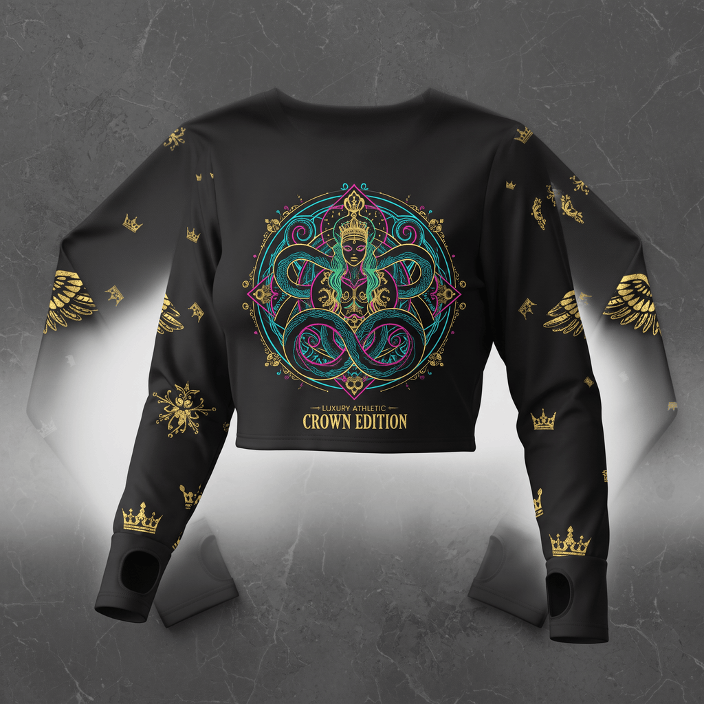 Black long-sleeve crop top with gold crown patterns and a colorful mystic goddess graphic.