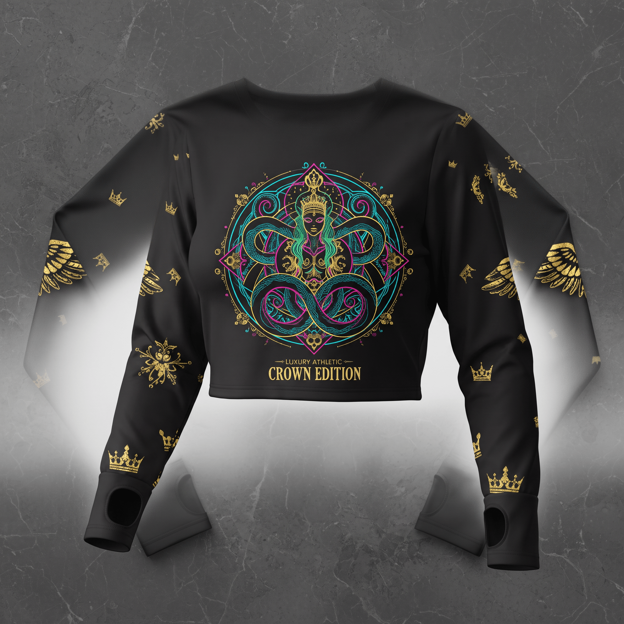 Black long-sleeve crop top with gold crown patterns and a colorful mystic goddess graphic.