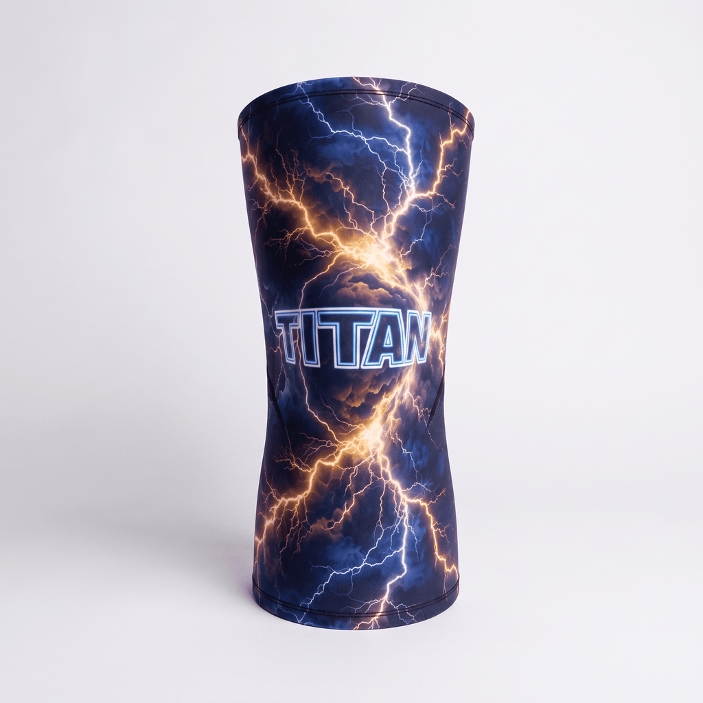 Blue and orange lightning patterned knee sleeve featuring the word Titan on a white background.