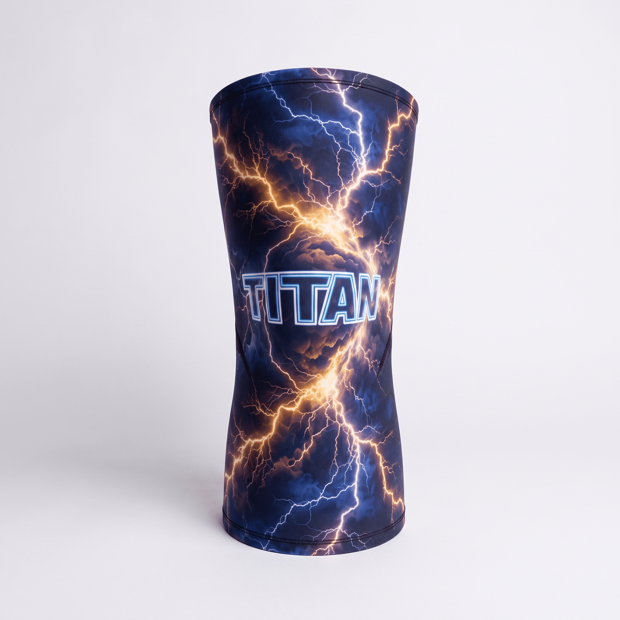 Blue and orange lightning patterned knee sleeve featuring the word Titan on a white background.