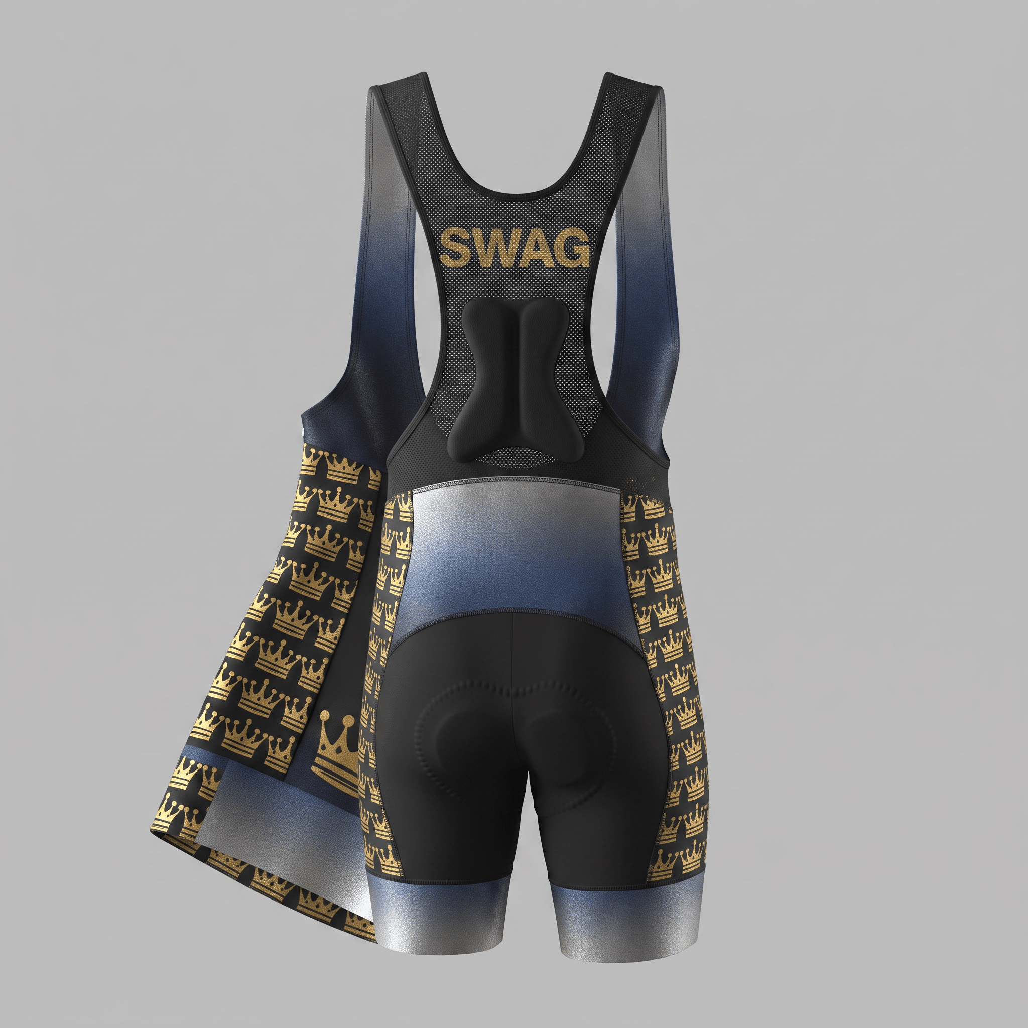 Rear view of blue and black cycling bib shorts featuring a gold crown pattern and SWAG text on the back mesh.