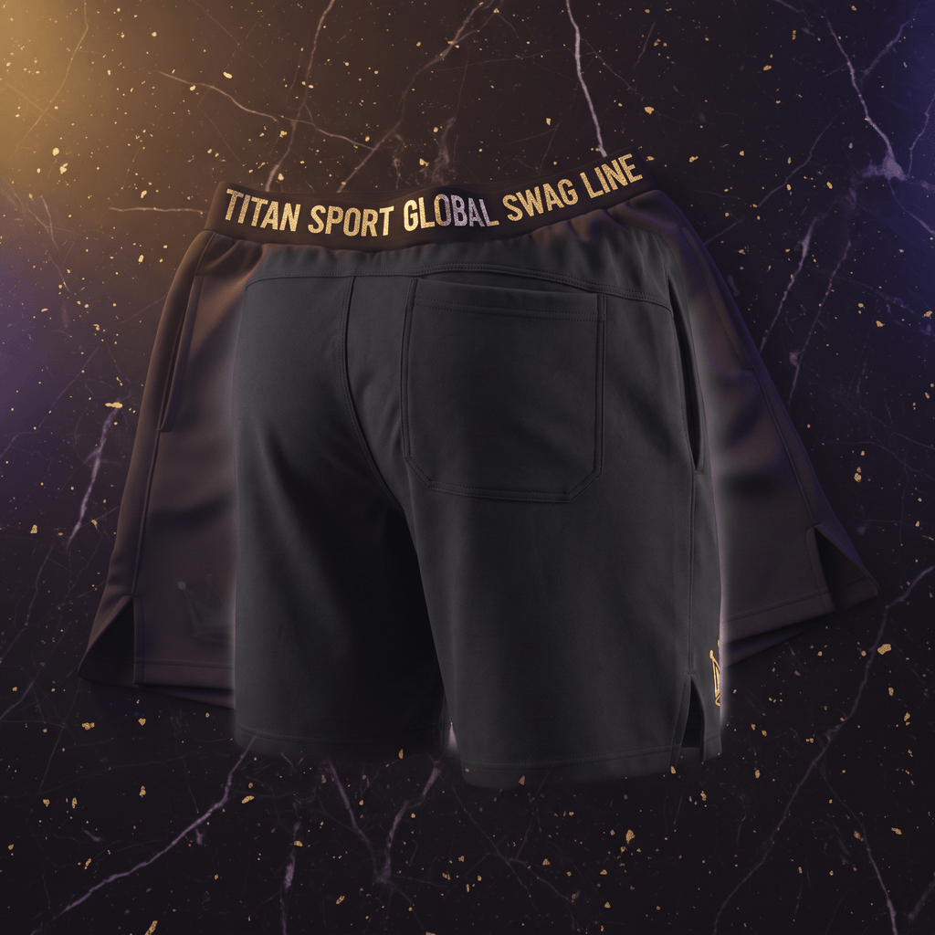 Black athletic shorts featuring a gold waistband with Titan Sport Global Swag Line text, viewed from the back.