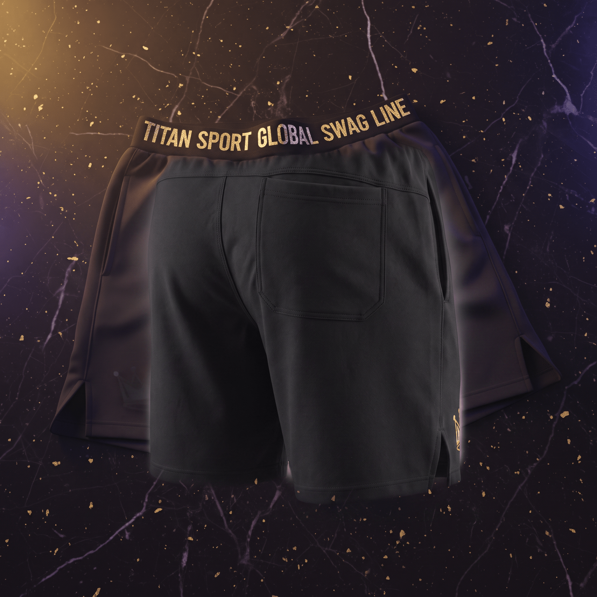 Black athletic shorts featuring a gold waistband with Titan Sport Global Swag Line text, viewed from the back.