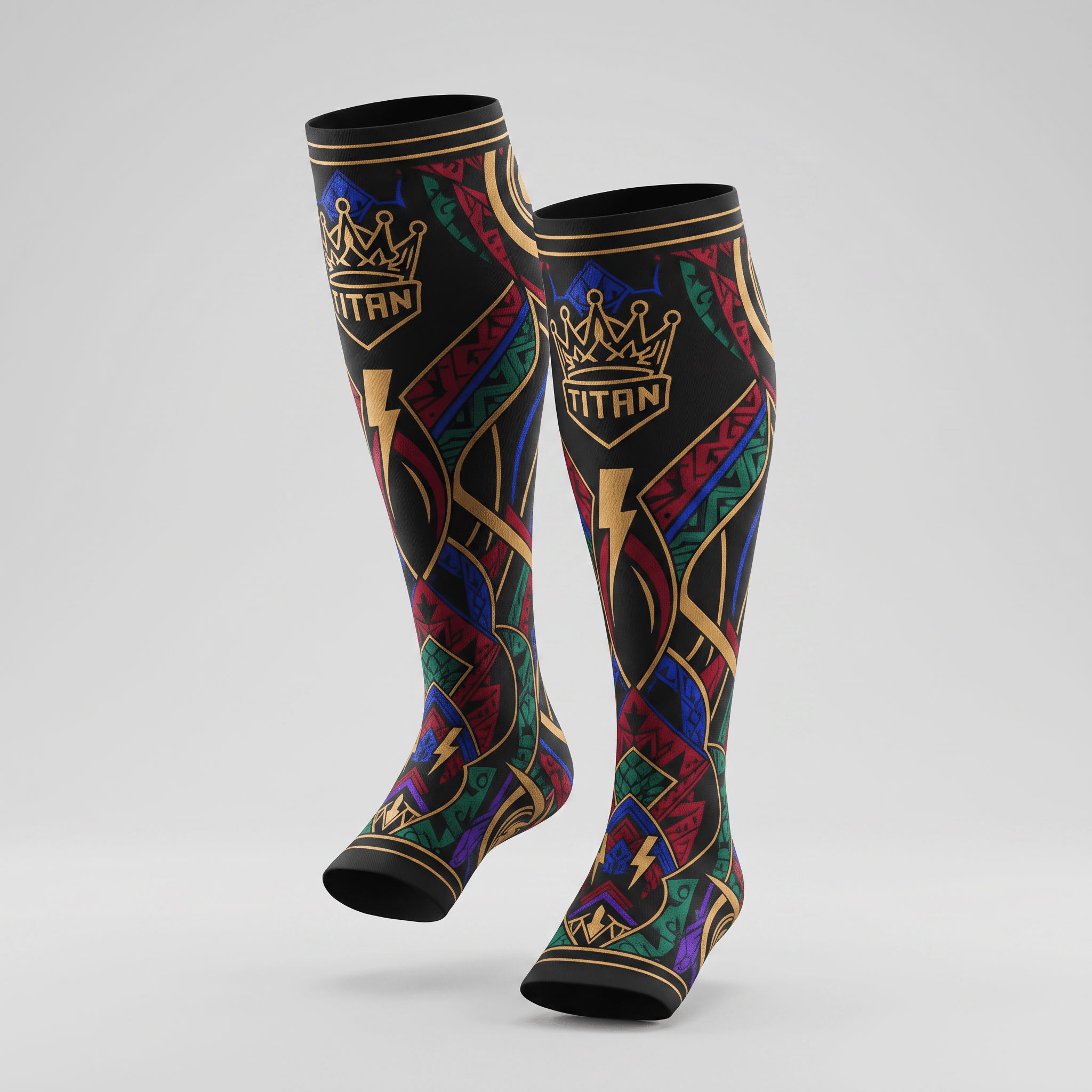 Black Titan compression socks with colorful tribal patterns and gold crown and lightning bolt logos.