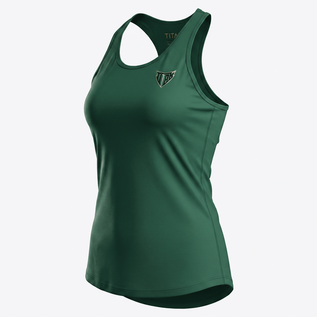 Dark green athletic racerback tank top for women with a small logo on the chest.