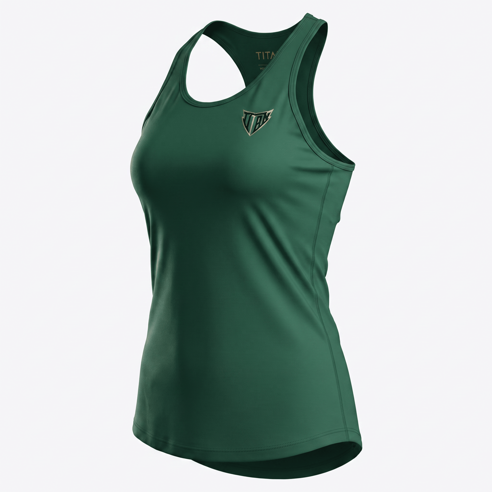 Dark green athletic racerback tank top for women with a small logo on the chest.