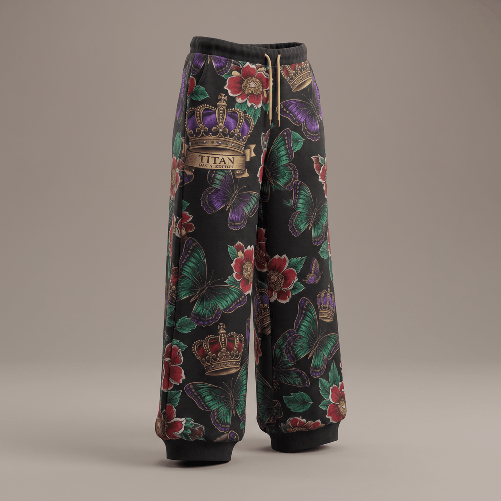 Black sweatpants with a colorful tattoo print of butterflies, flowers, and crowns against a plain background.