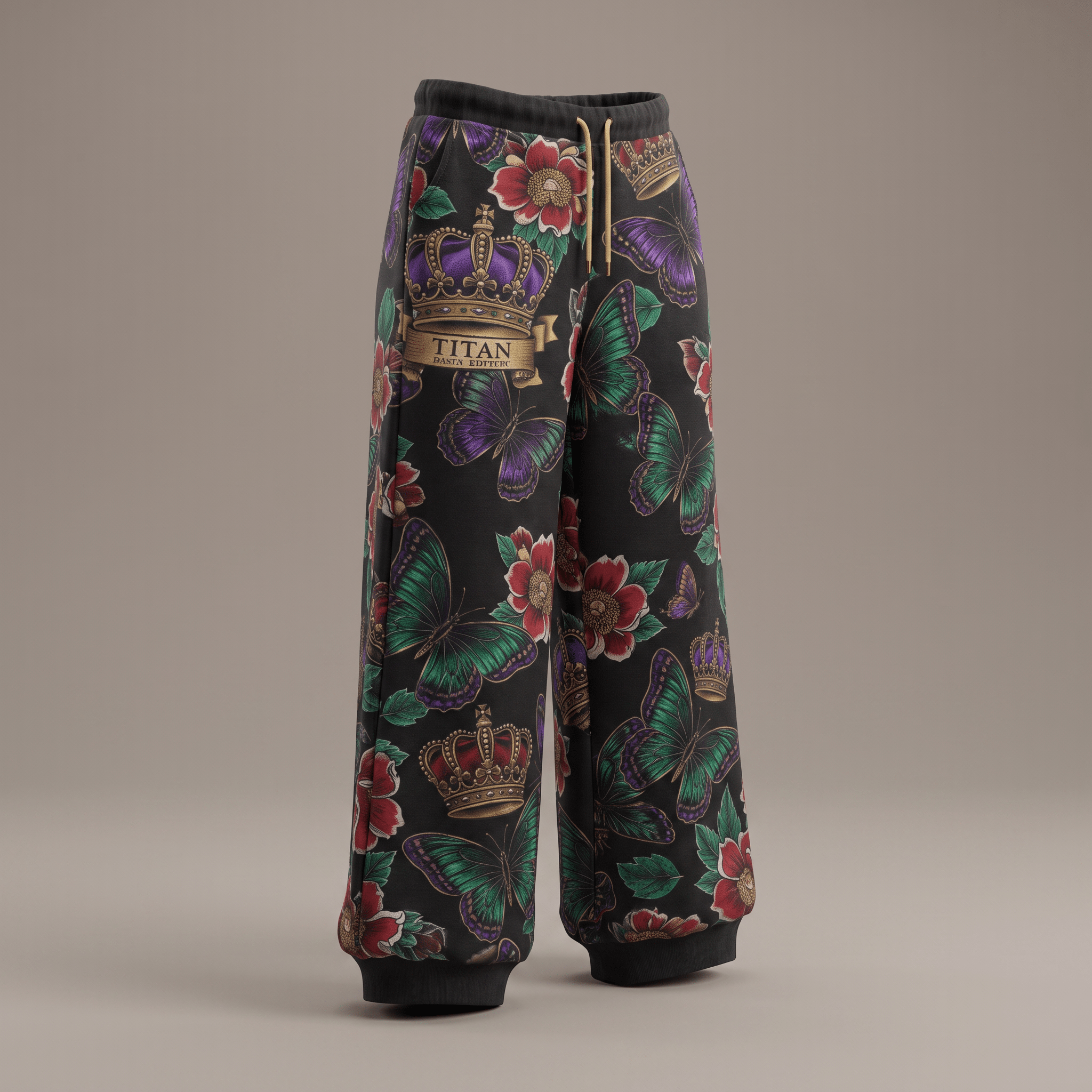 Black sweatpants featuring a colorful butterfly, flower, and crown tattoo print pattern.