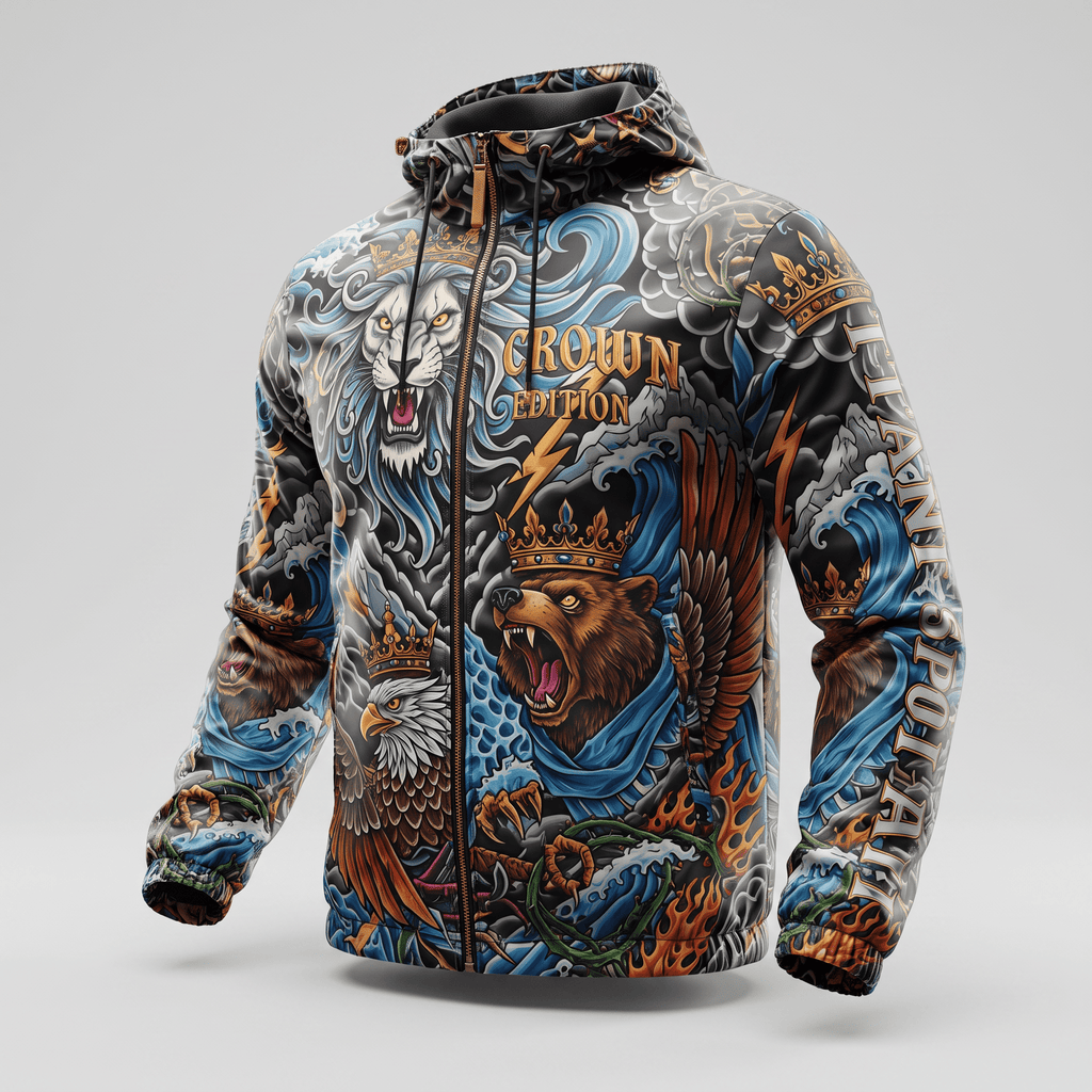 Black zip-up hoodie featuring an all-over tattoo style print with crowned animals like a lion, bear, and eagle.