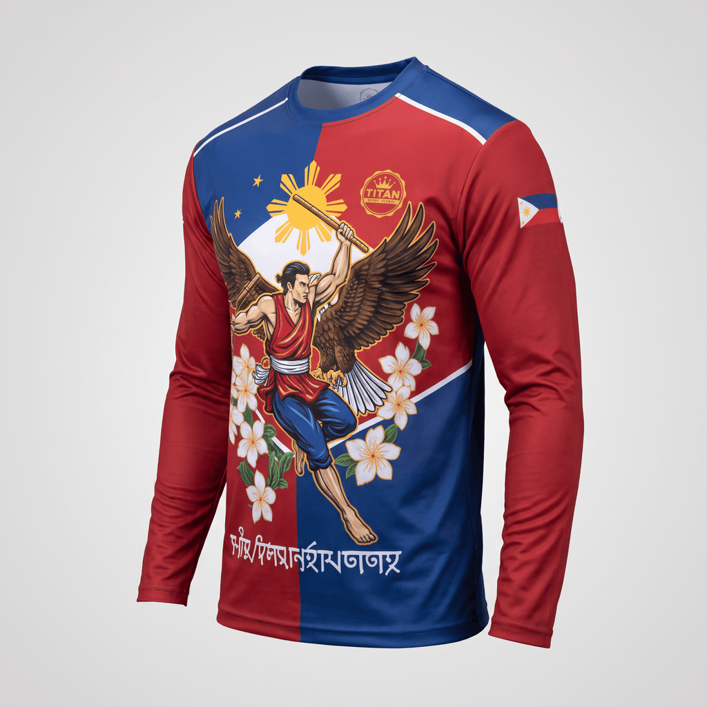 Red and blue long-sleeve athletic shirt featuring Filipino-inspired graphics, sun, eagle, and floral details.