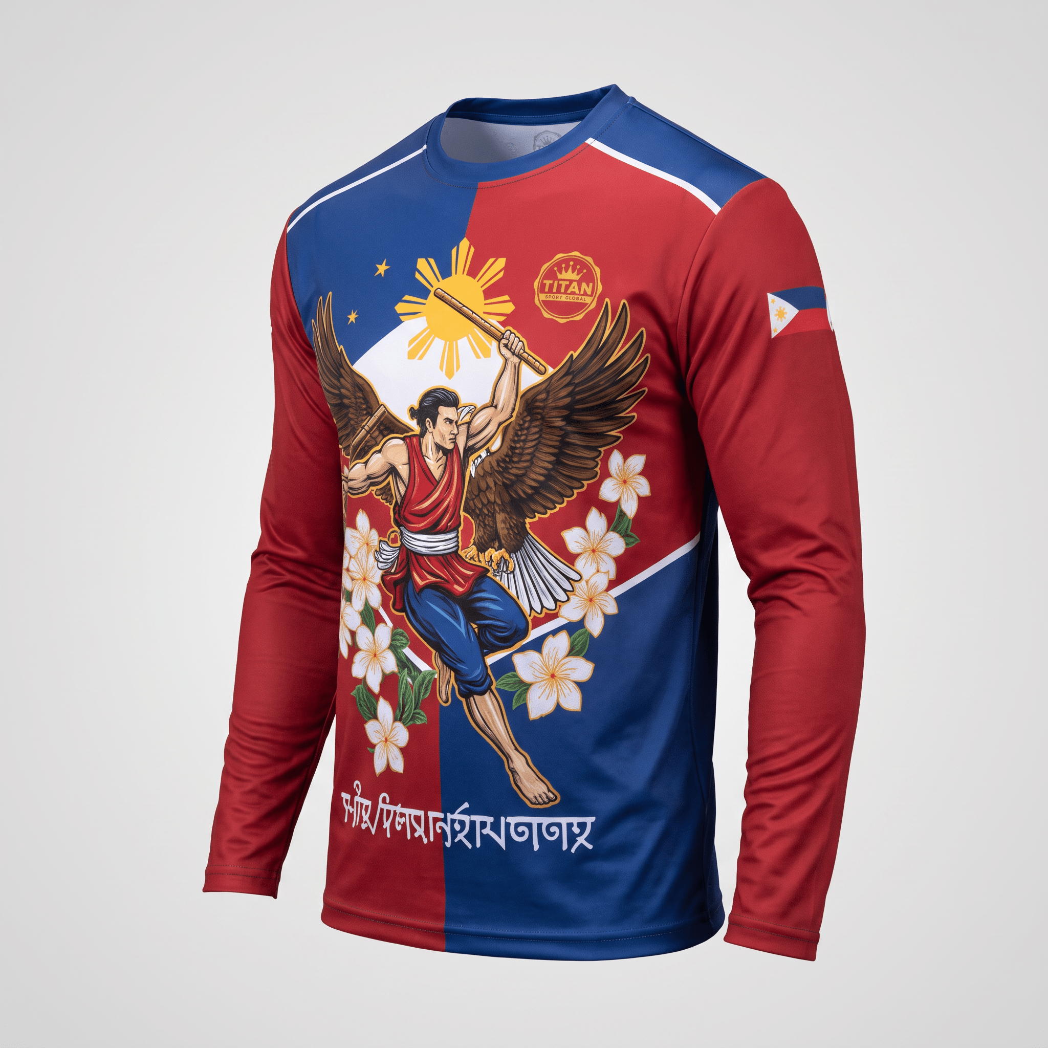 Red and blue long-sleeve athletic shirt featuring Filipino-inspired graphics, sun, eagle, and floral details.