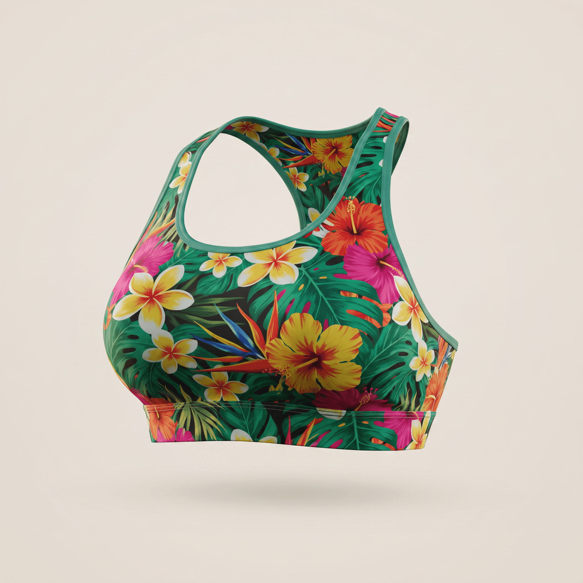 Green floral print sports bra with tropical hibiscus and monstera leaf pattern on a neutral background.