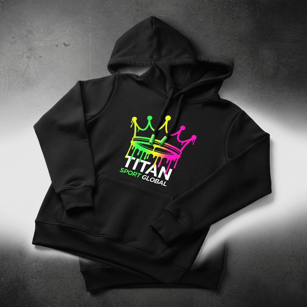 Black hoodie with a colorful dripping crown graphic and Titan Sport Global text on a textured surface.
