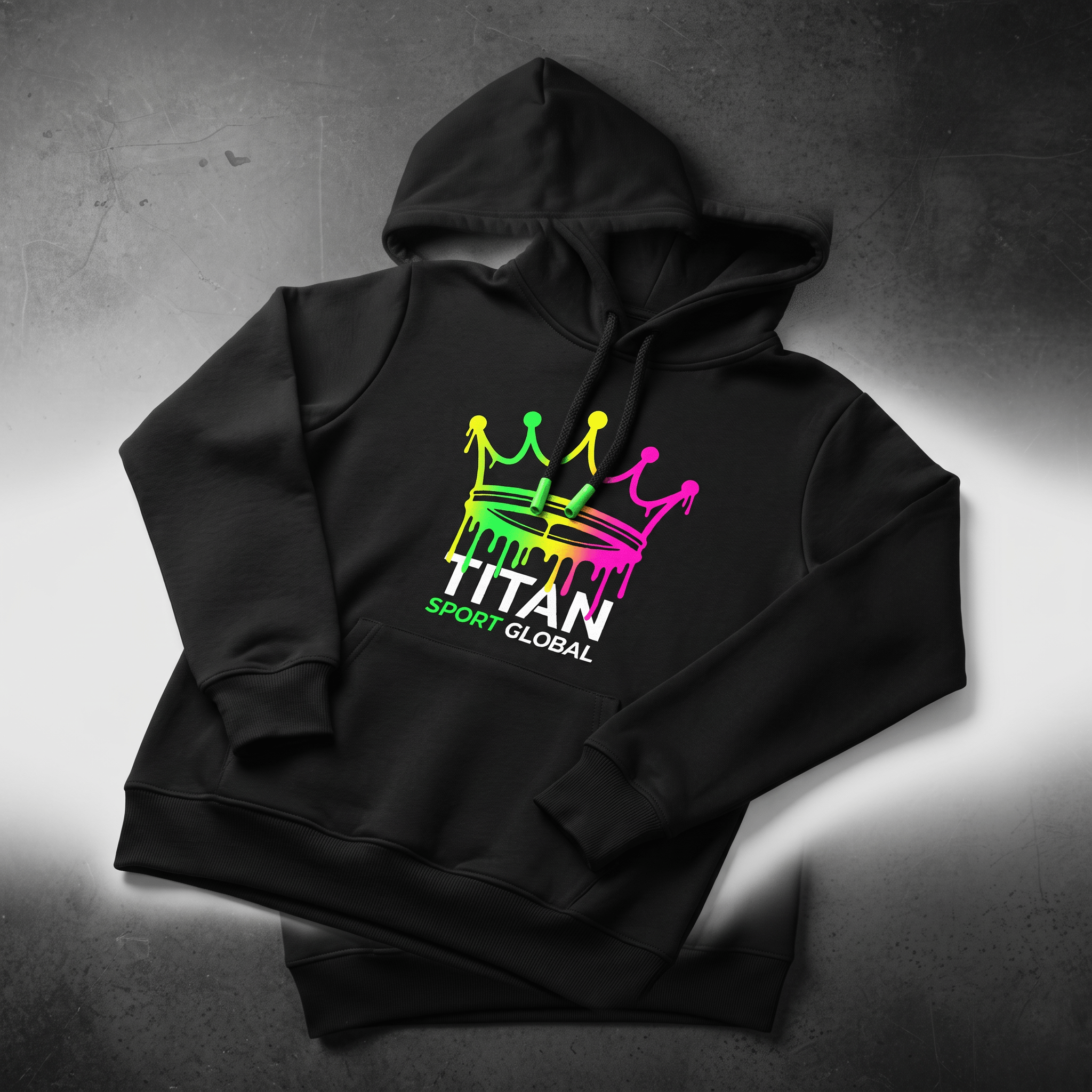 Black hoodie with a colorful dripping crown graphic and Titan Sport Global text on a textured surface.