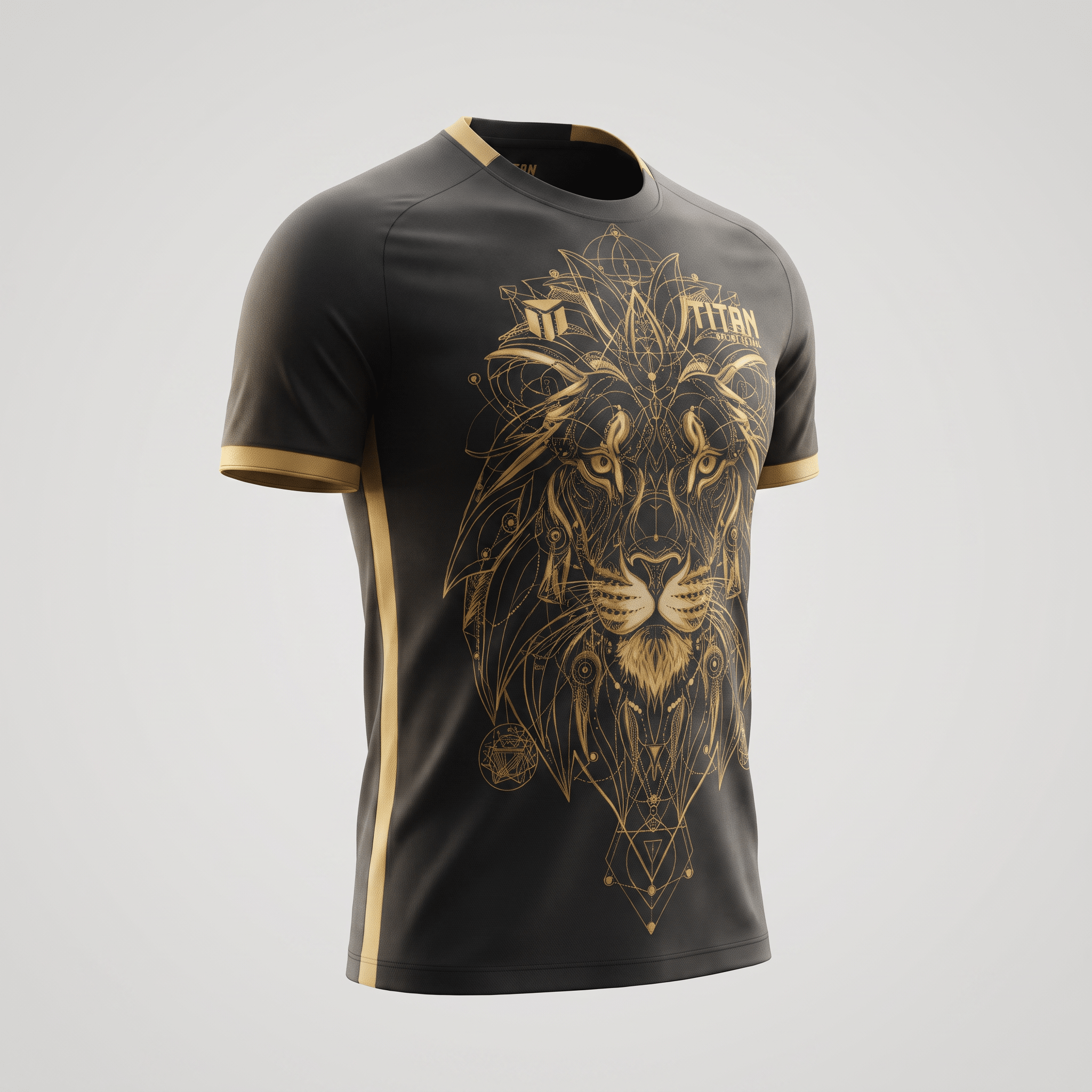 Black and gold short-sleeve athletic t-shirt featuring a geometric lion graphic and Titan logo.