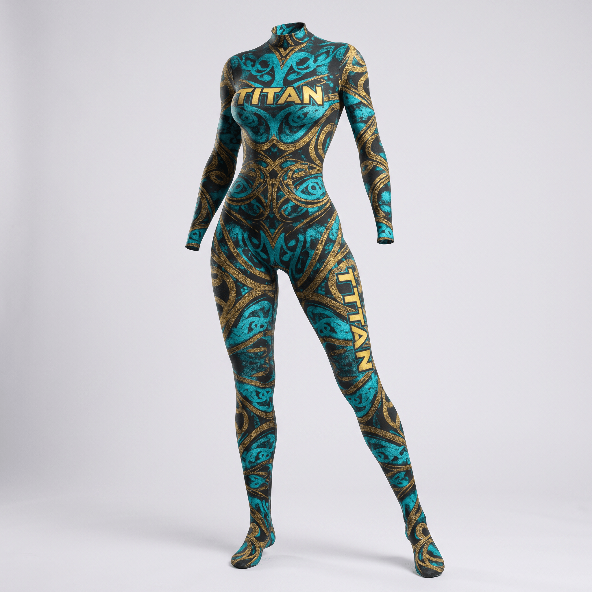 Titan teal and gold patterned full-body compression suit on a mannequin.
