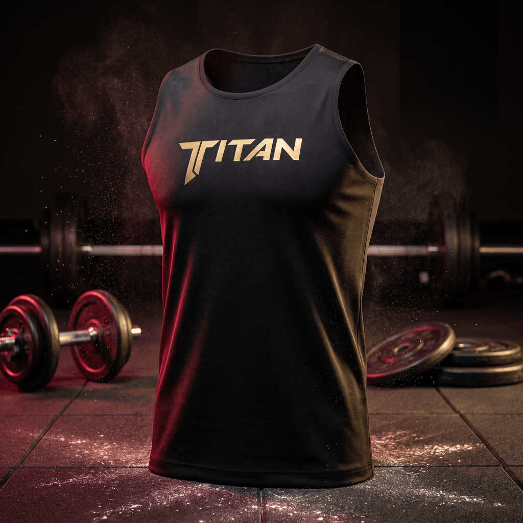 Black athletic tank top with gold "TITAN" logo, centered in a gym setting with gym equipment and chalk dust.