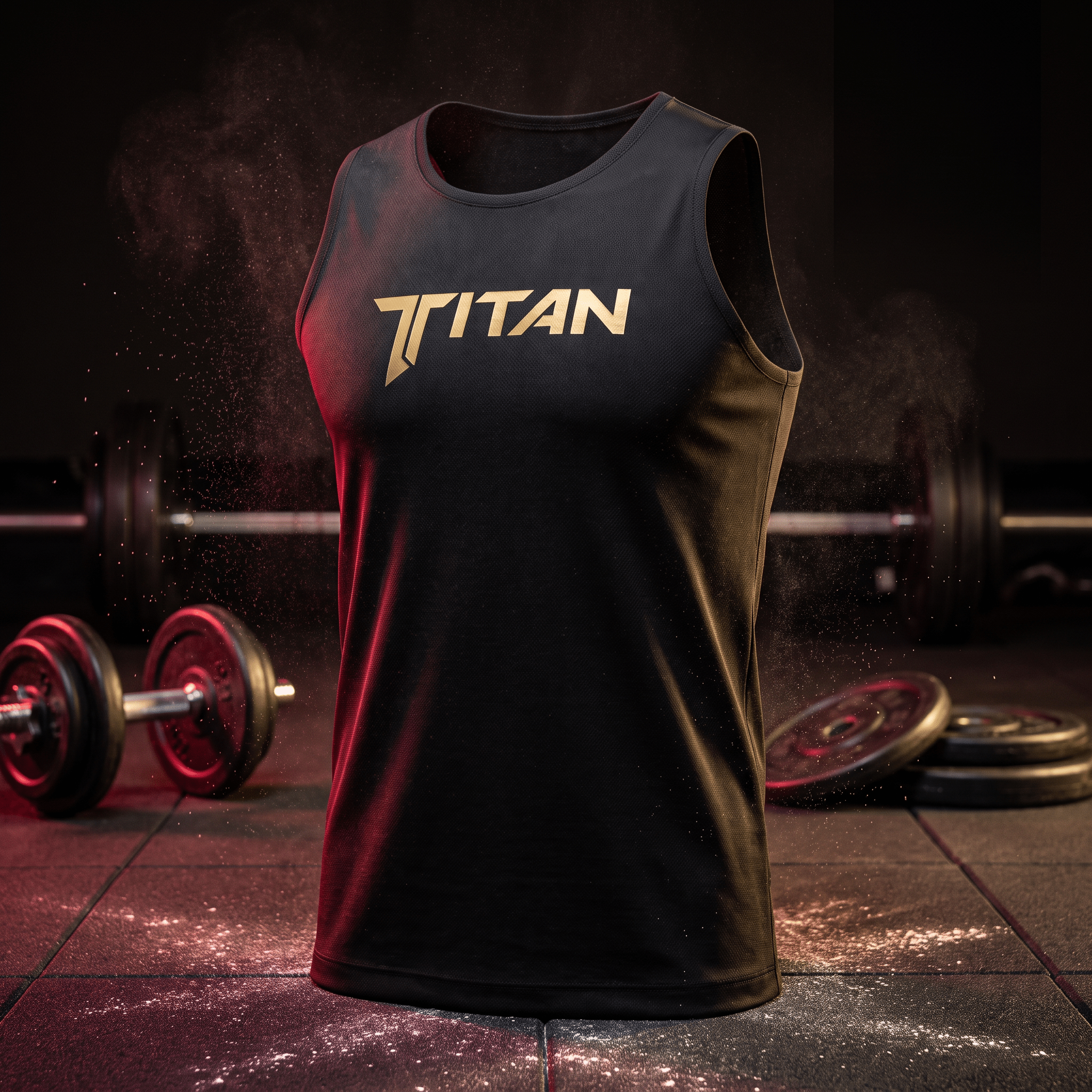 Black athletic tank top with gold "TITAN" logo, centered in a gym setting with gym equipment and chalk dust.