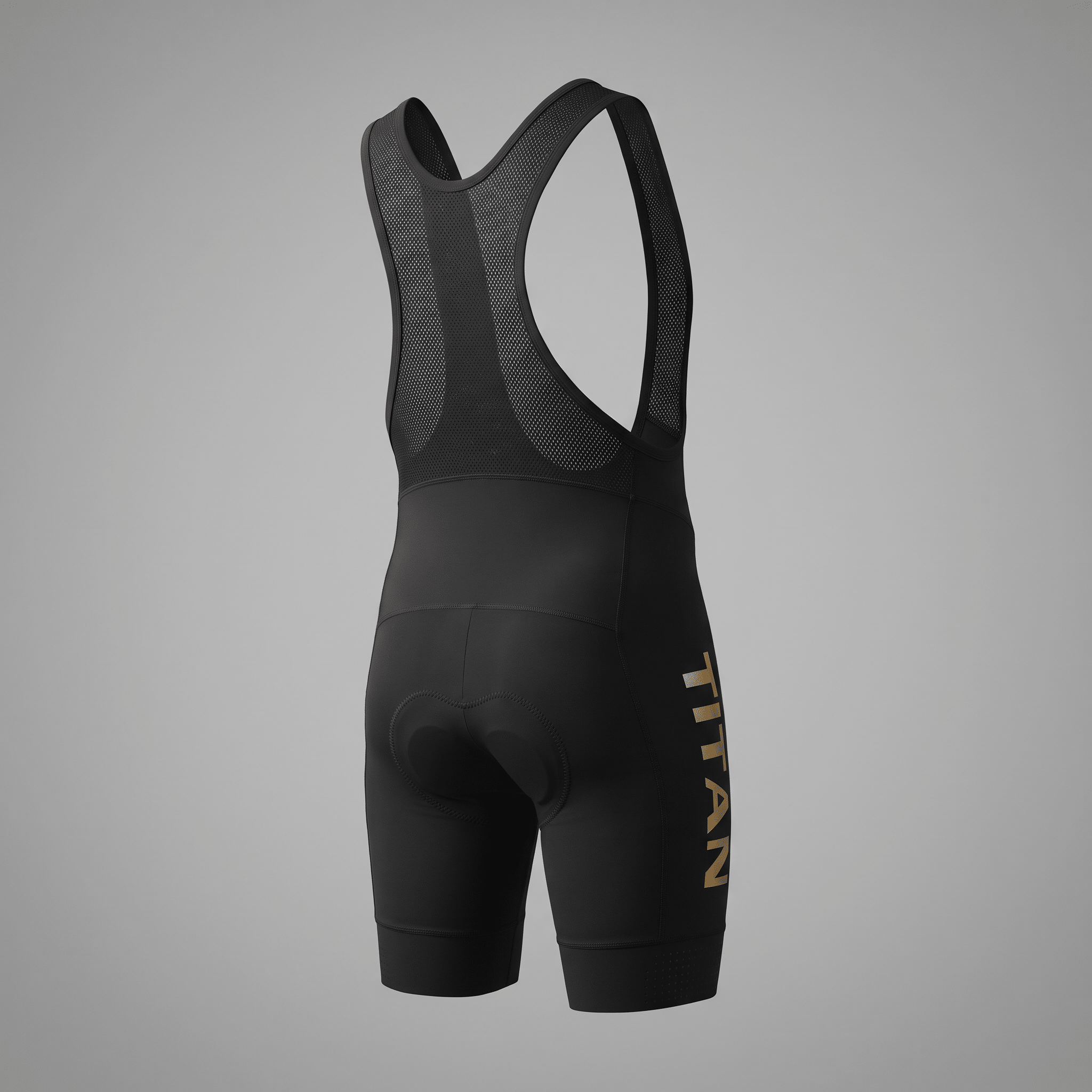 Rear view of black cycling bib shorts featuring breathable mesh straps and gold Titan branding on the leg.