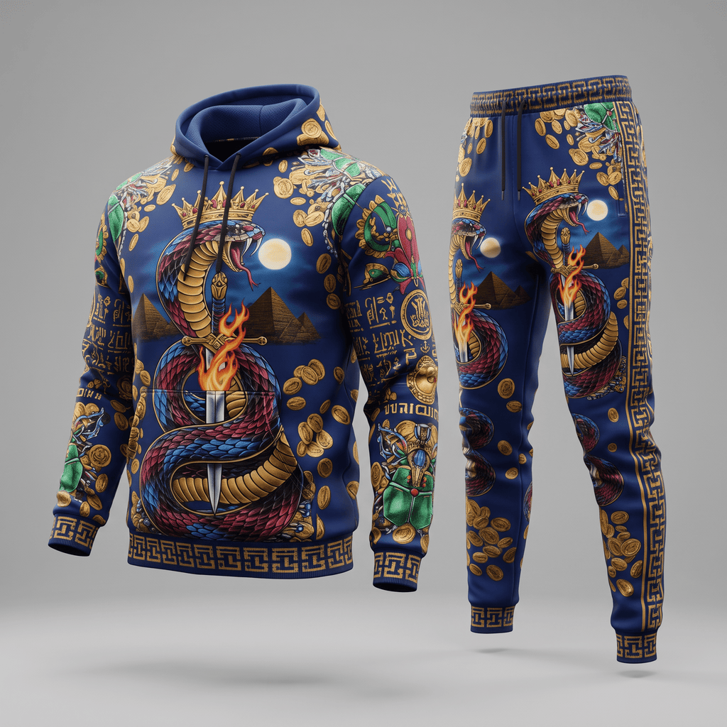 Blue hoodie and jogger set with Egyptian snake, crown, and coin graphic print.