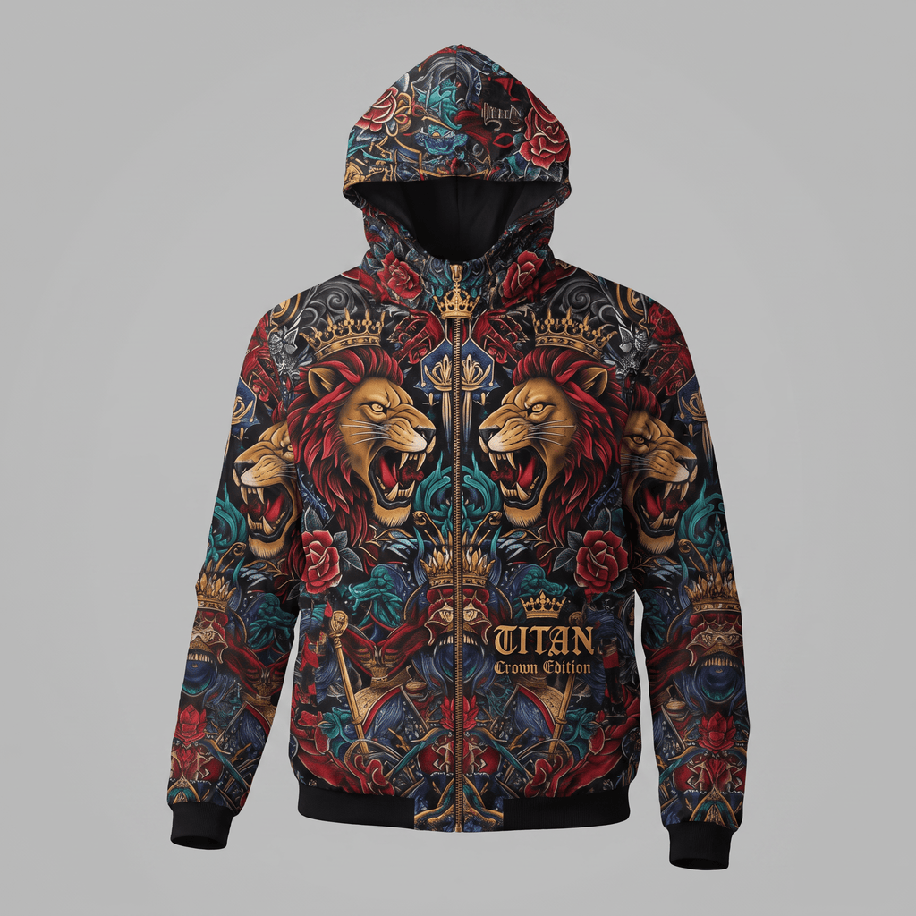Black zip-up hoodie featuring an intricate, colorful all-over print of crowned lions, roses, and Titan text.