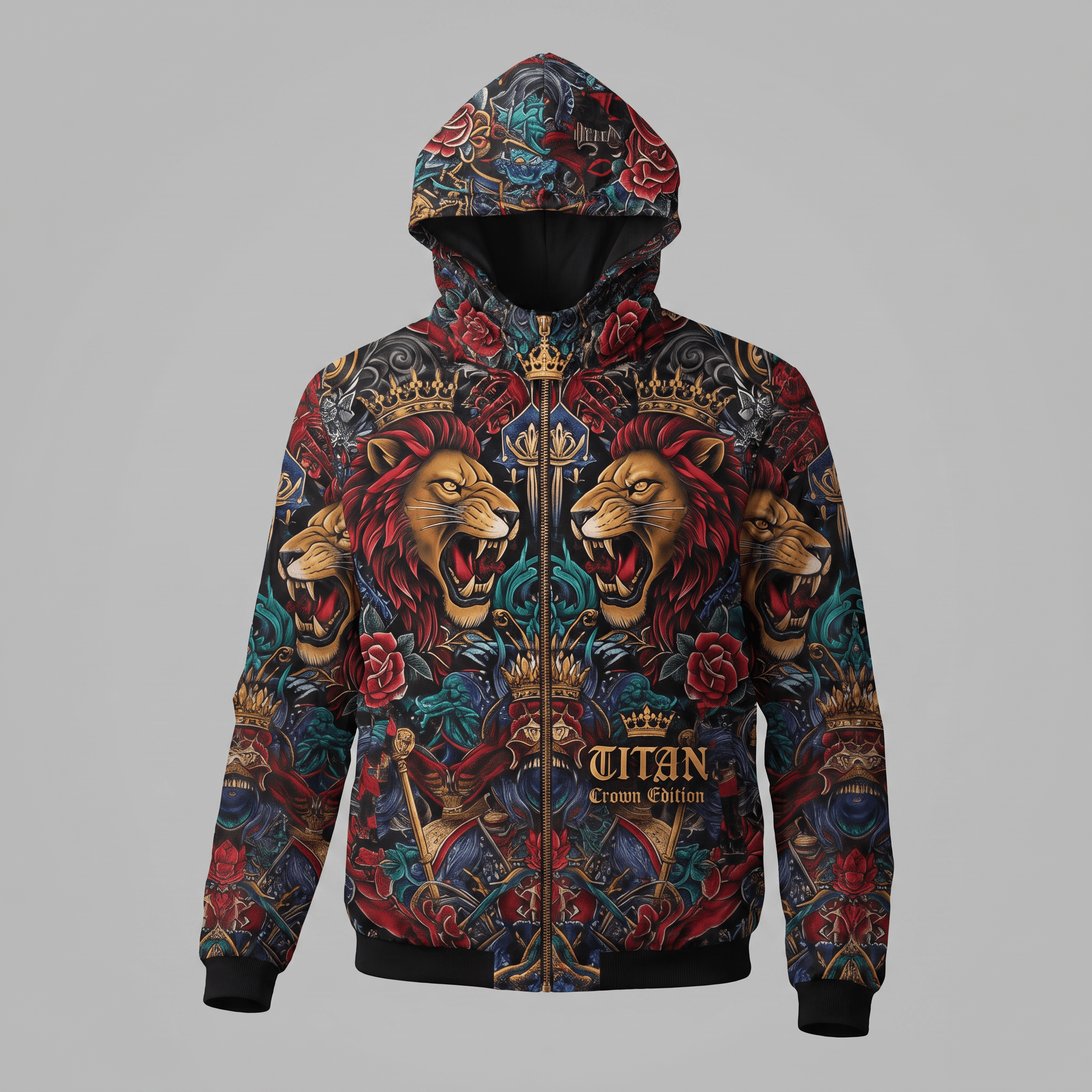 Black zip-up hoodie featuring an intricate, colorful all-over print of crowned lions, roses, and Titan text.