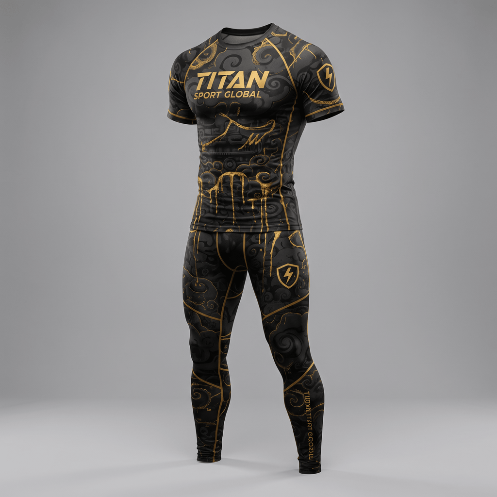 Black and gold Titan Sport Global compression shirt and leggings set with Japanese cloud pattern.