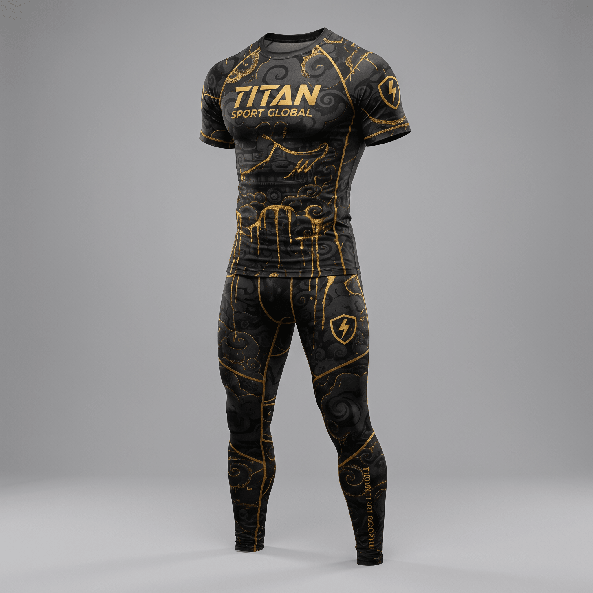 Black and gold Titan Sport Global compression shirt and leggings set with Japanese cloud pattern.