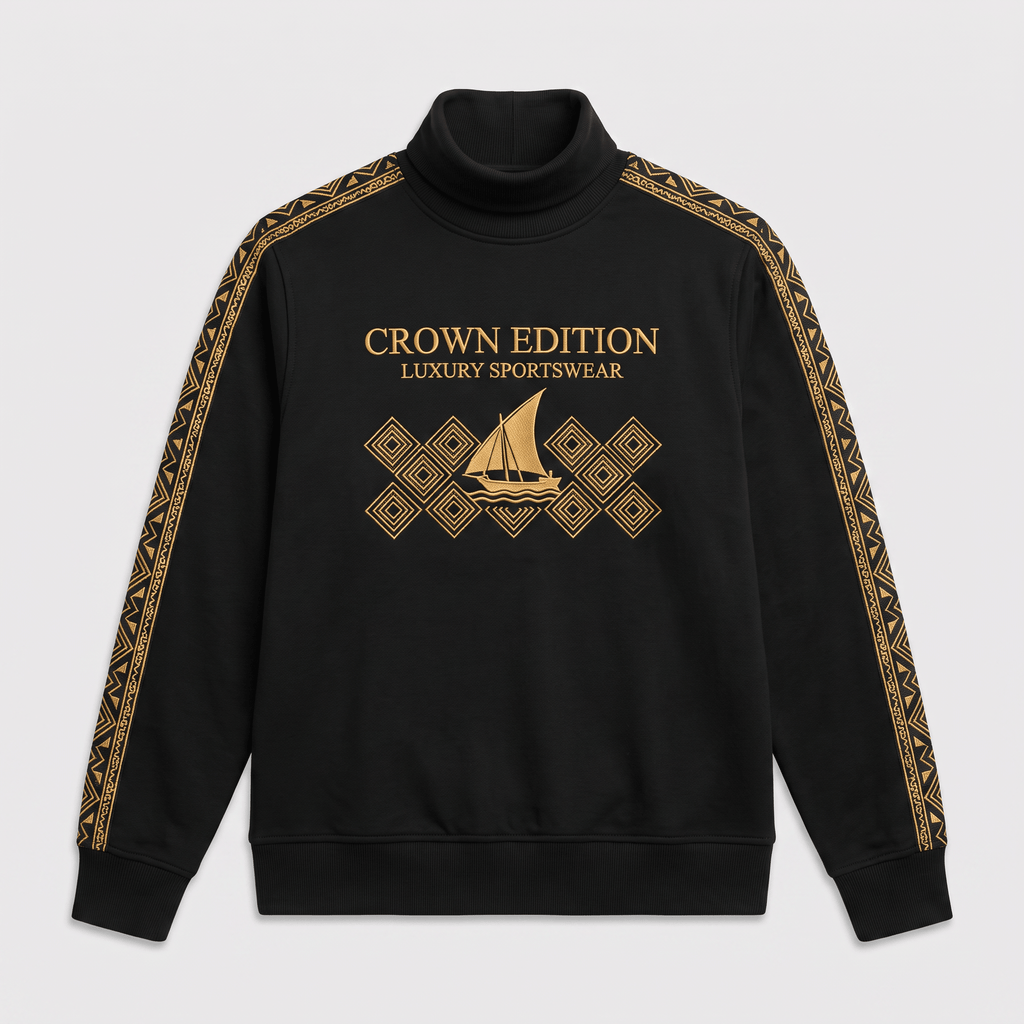 Black mock neck sweatshirt with gold Crown Edition sailboat graphic and patterned sleeve stripes.