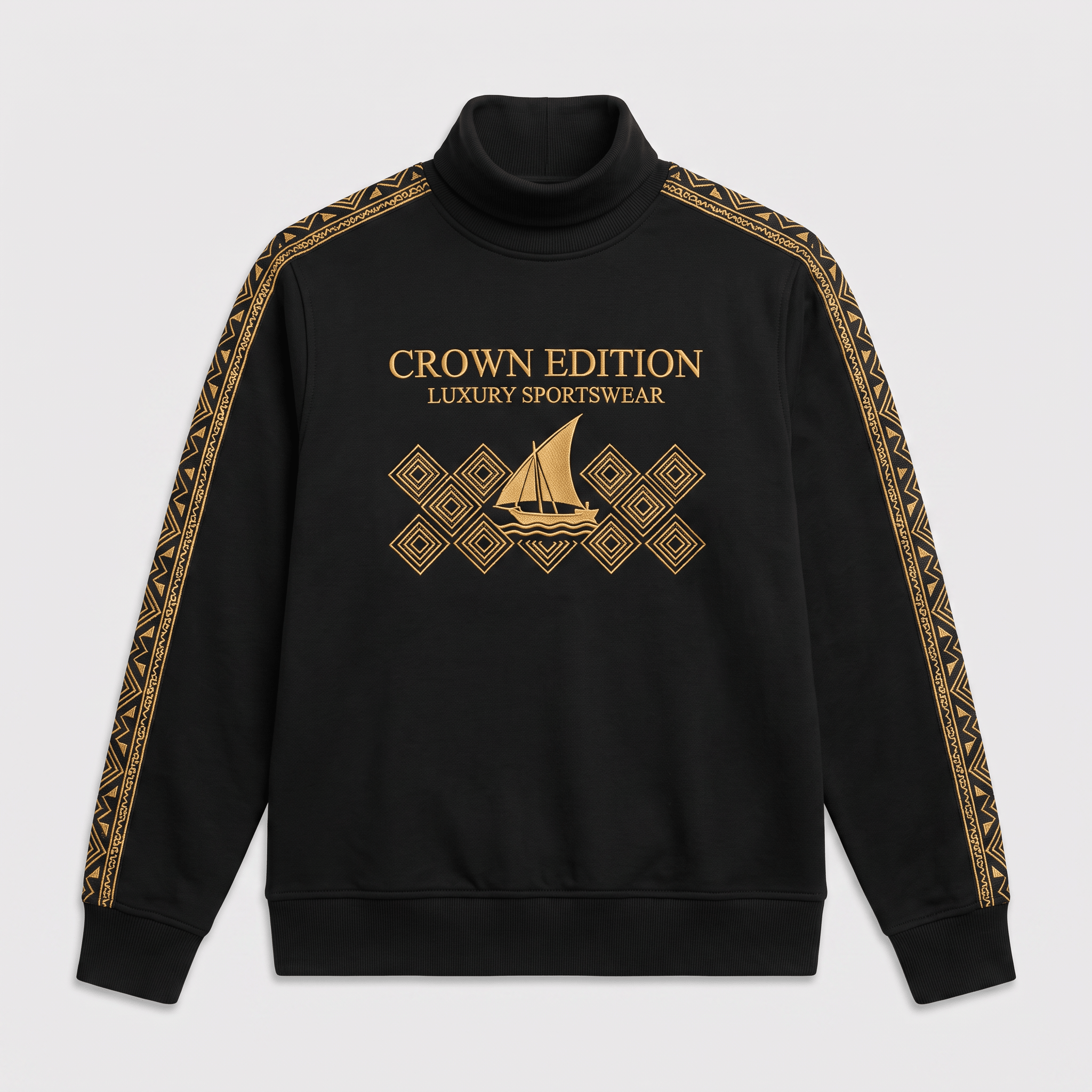 Black mock neck sweatshirt with gold Crown Edition sailboat graphic and patterned sleeve stripes.
