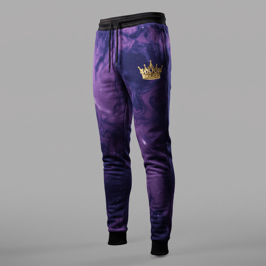 Purple galaxy print joggers featuring a gold crown logo on the left hip, black waistband, and cuffs.