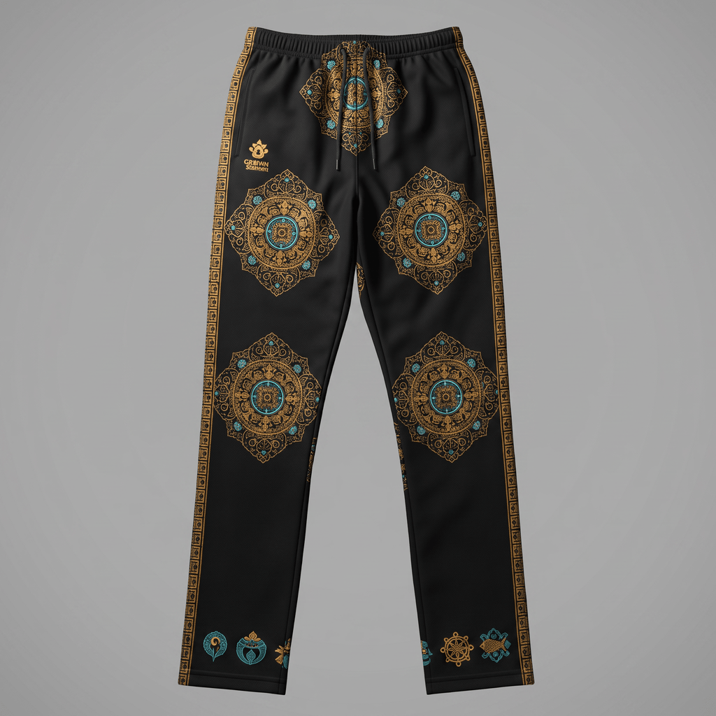 Black joggers featuring intricate gold and blue mandala patterns and side striping.