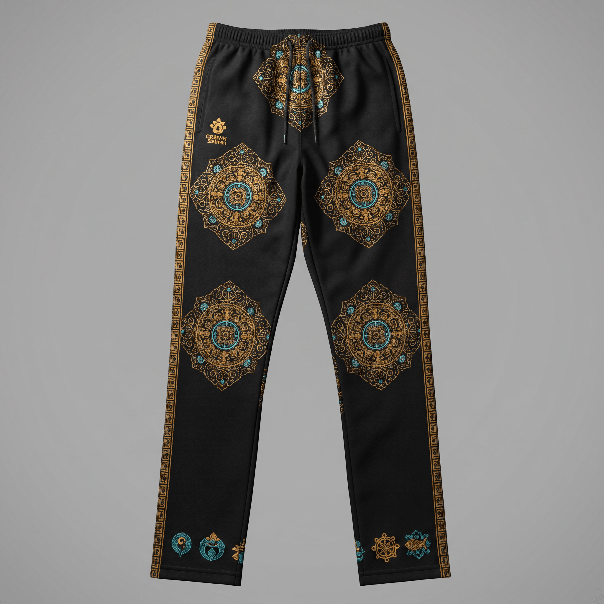 Black joggers featuring intricate gold and blue mandala patterns and side striping.