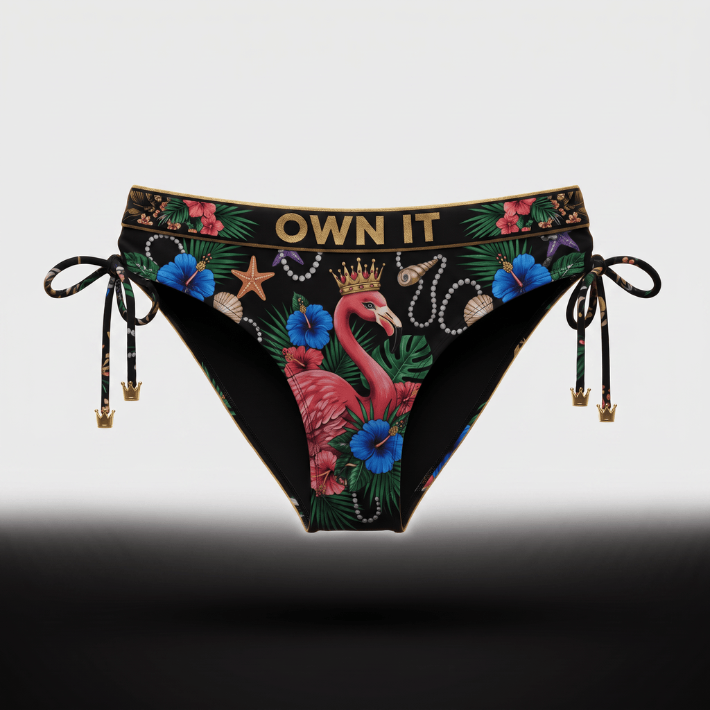 Black side-tie bikini bottoms featuring a tropical flamingo, floral, and crown print with gold Own It waistband text.