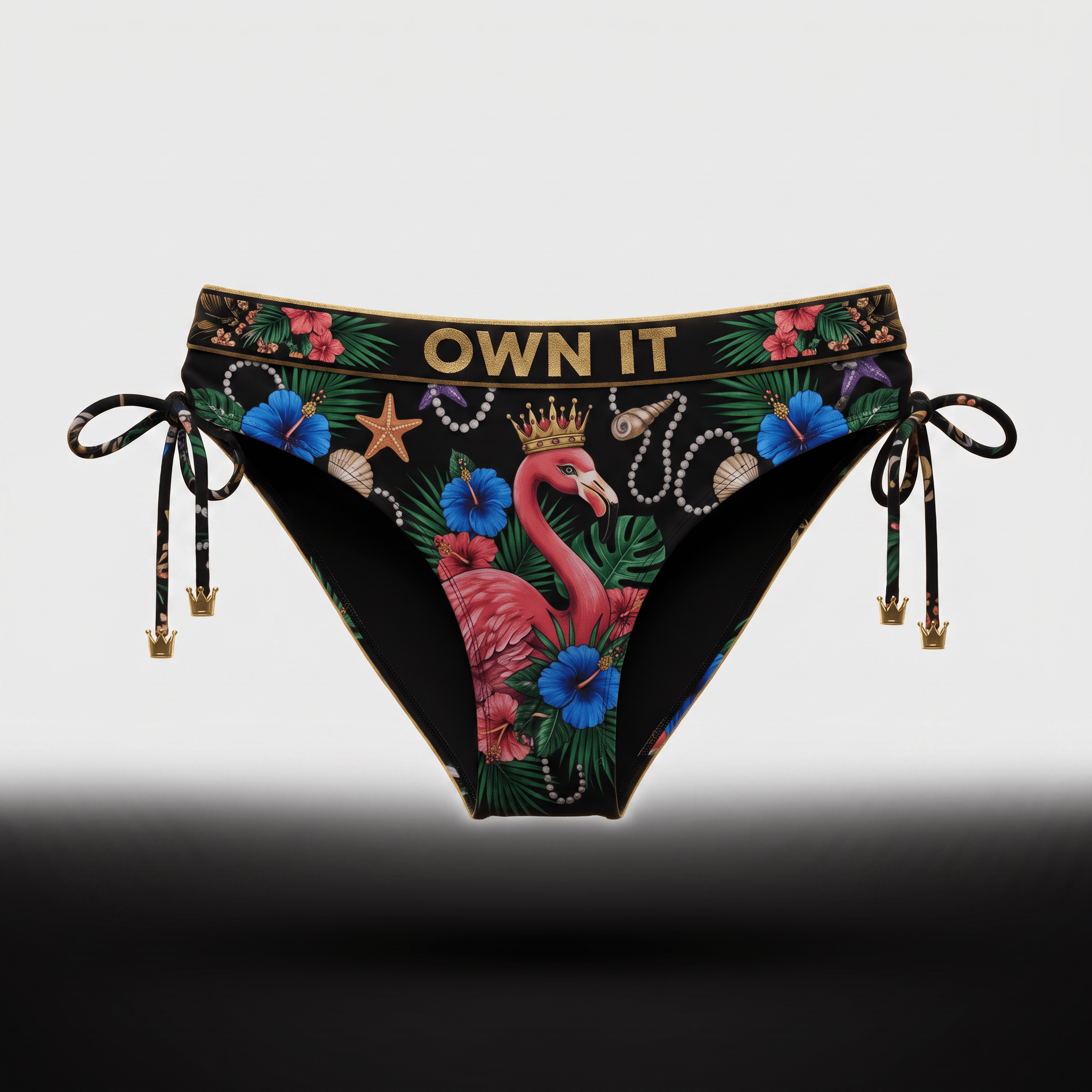 Black side-tie bikini bottoms featuring a tropical flamingo, floral, and crown print with gold Own It waistband text.