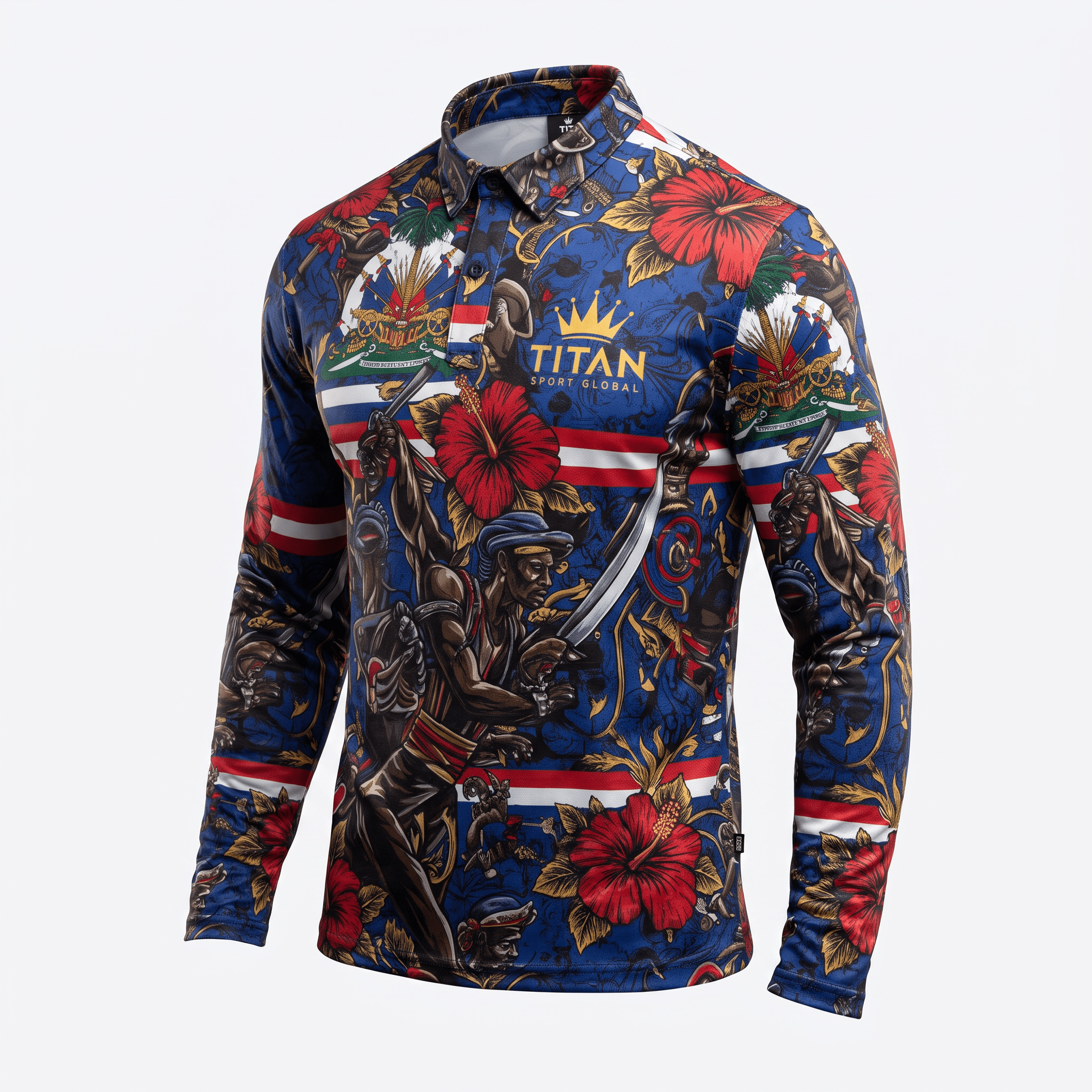 Blue long-sleeve polo shirt featuring a Haitian-inspired pattern with red hibiscus flowers, figures, and Titan Sport Global logo.